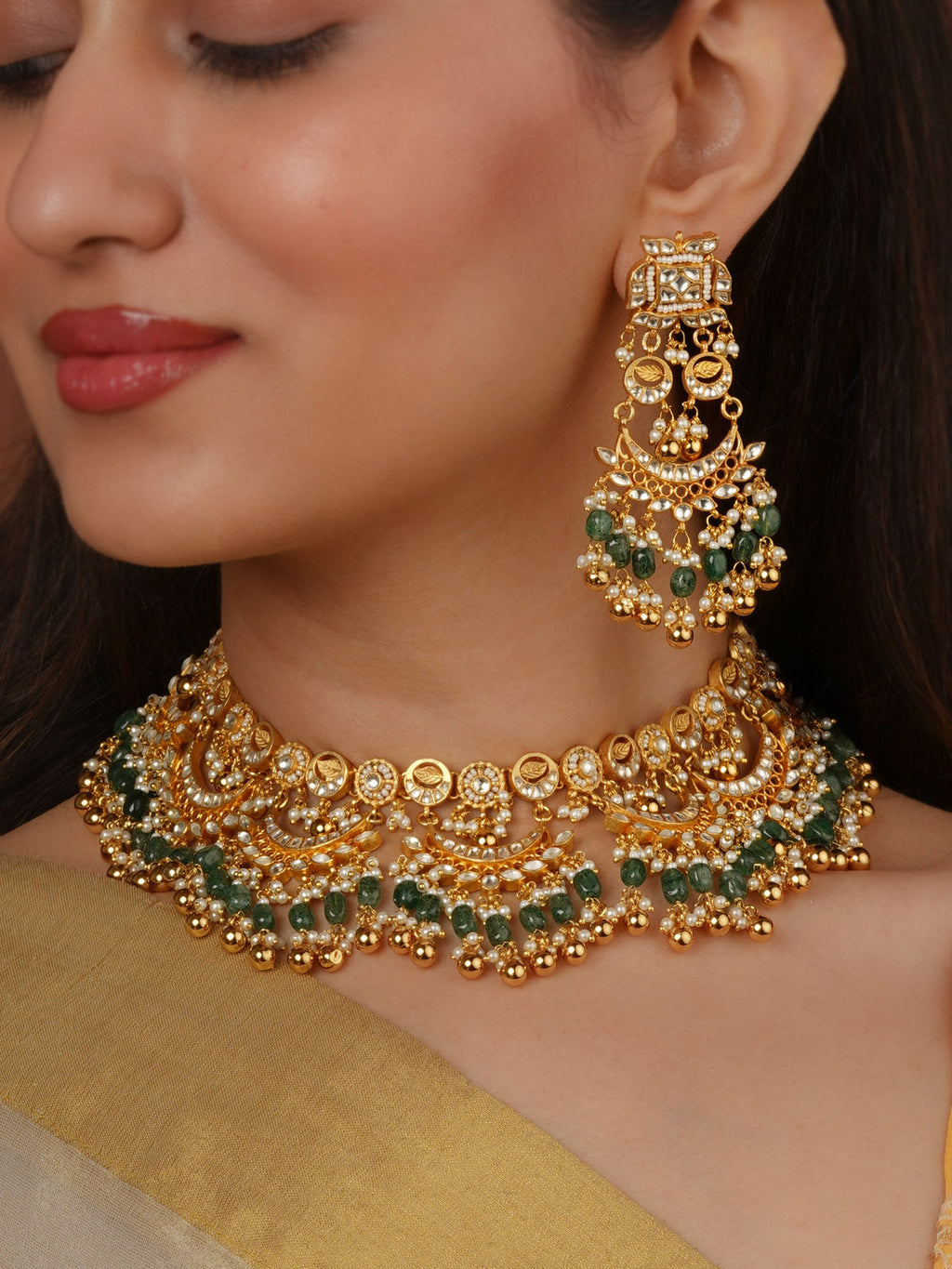 Green Color Gold Plated Jadau Kundan Necklace Set - MS2592