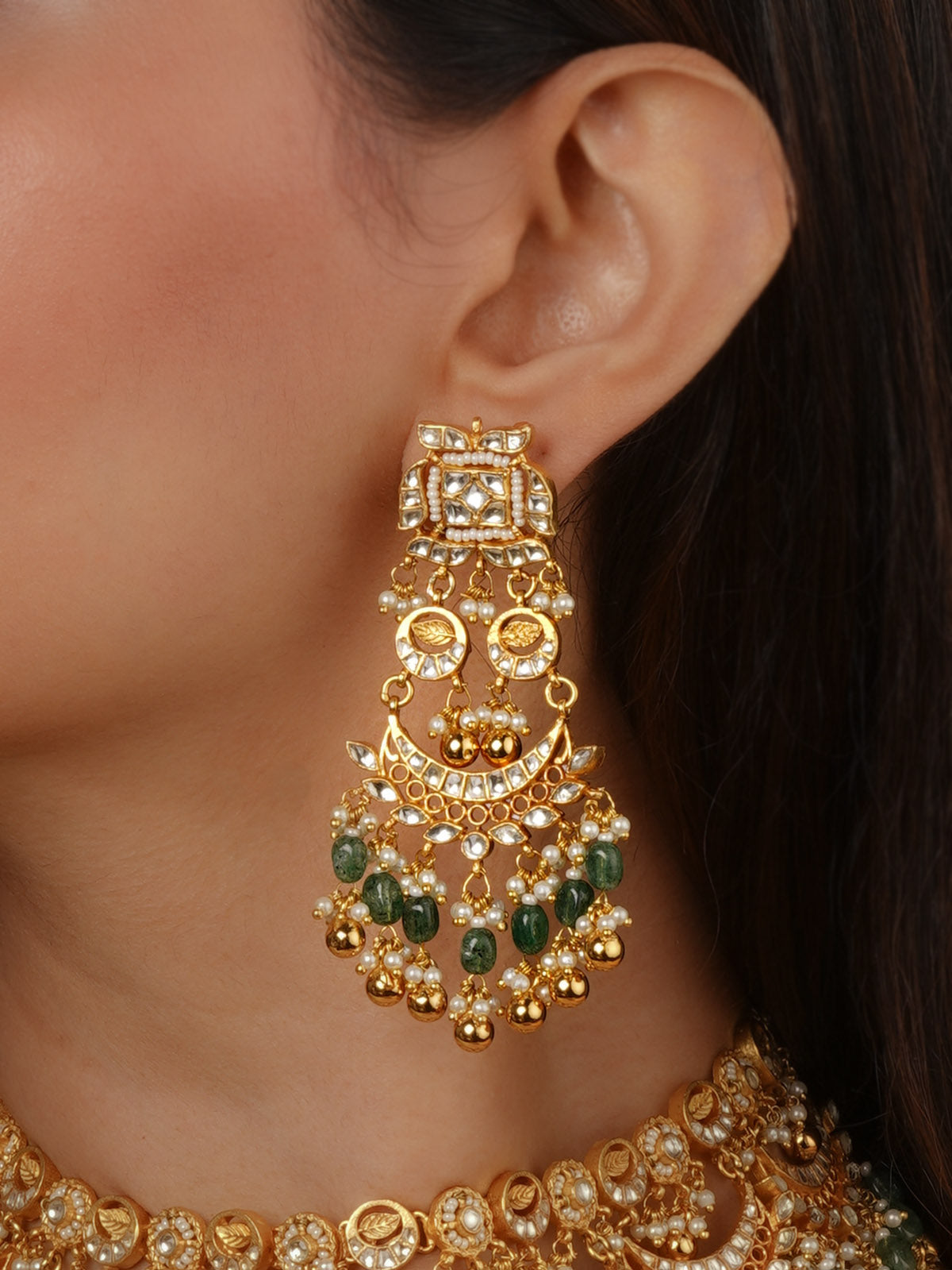 Green Color Gold Plated Jadau Kundan Necklace Set - MS2592