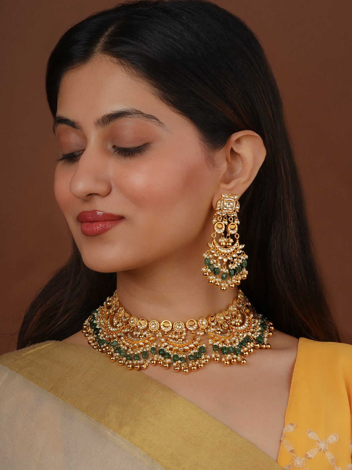 Green Color Gold Plated Jadau Kundan Necklace Set - MS2592
