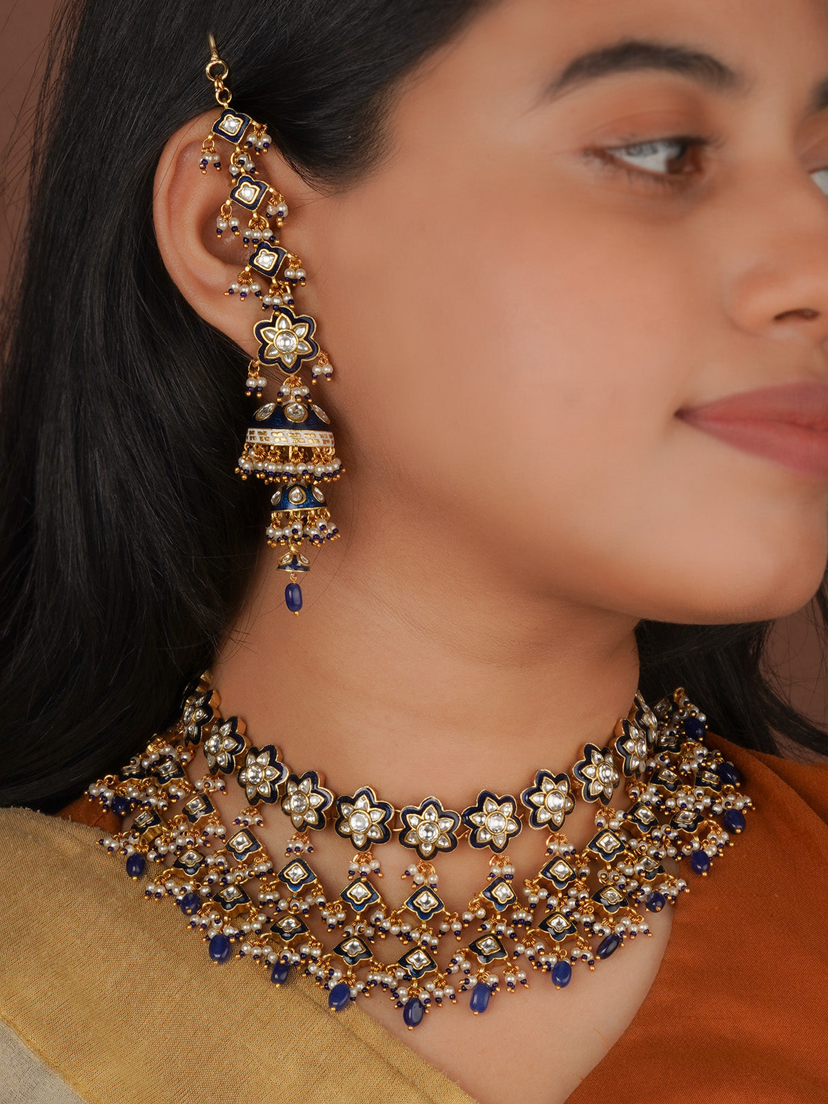 Blue Color Gold Plated Jadau Kundan Necklace Set - MS2790BL