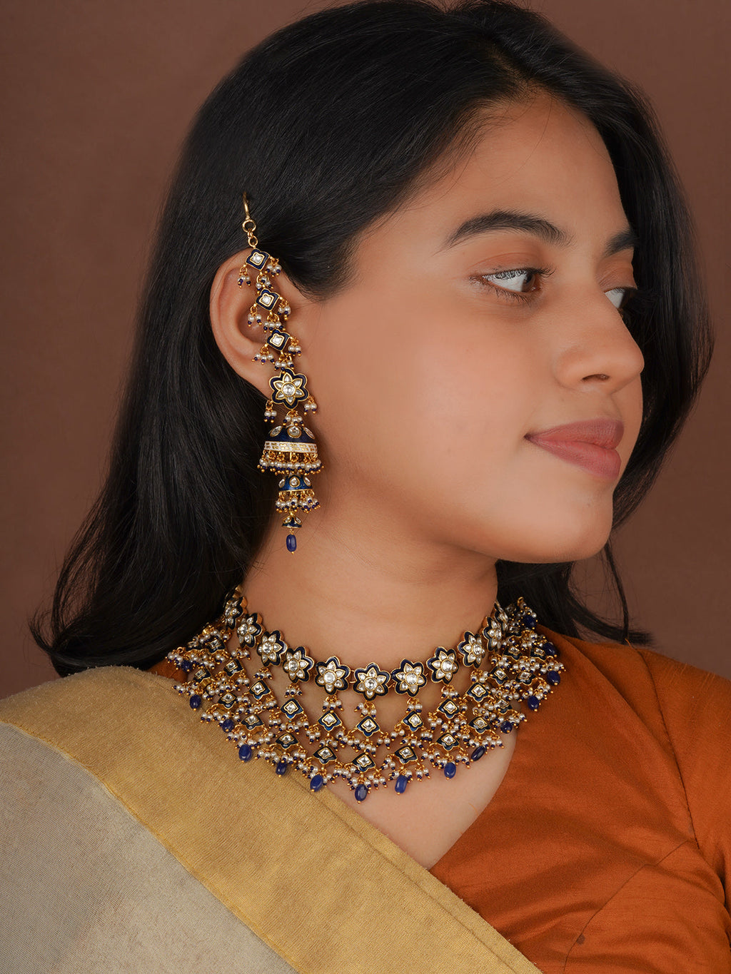 Blue Color Gold Plated Jadau Kundan Necklace Set - MS2790BL