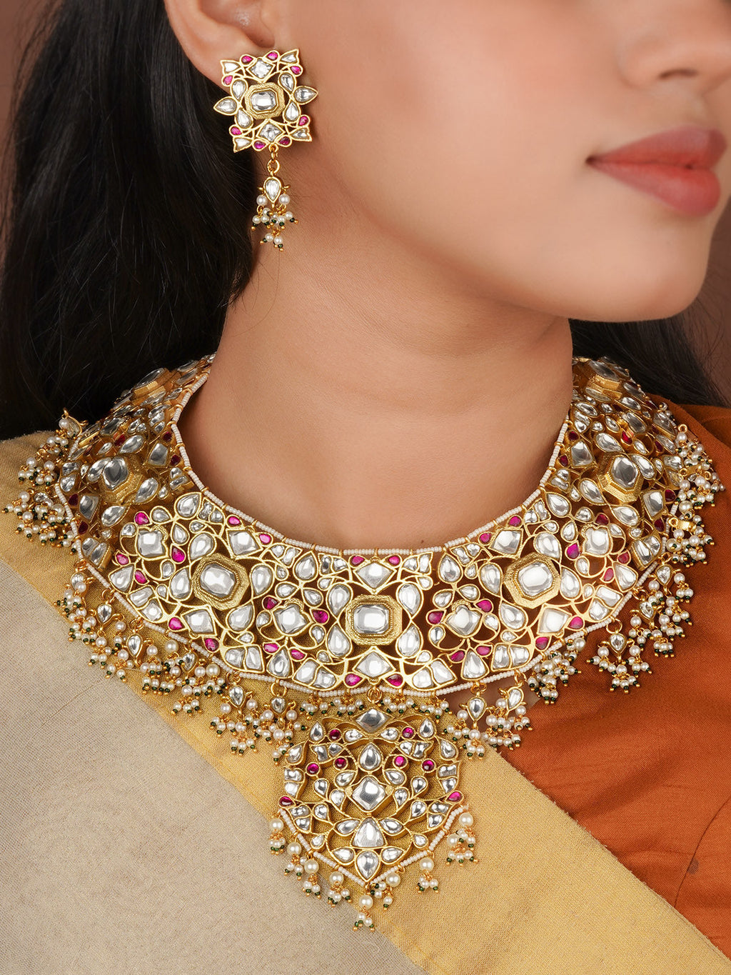 Pink Color Gold Plated Jadau Kundan Necklace Set - MS2819WP