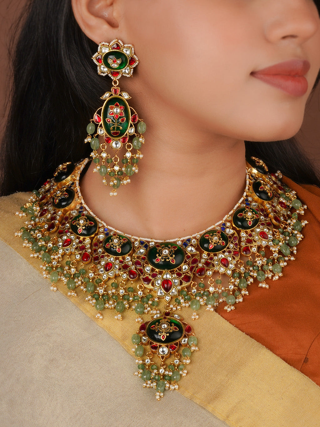 Multicolor Gold Plated Jadau Kundan Necklace Set - MS2821M