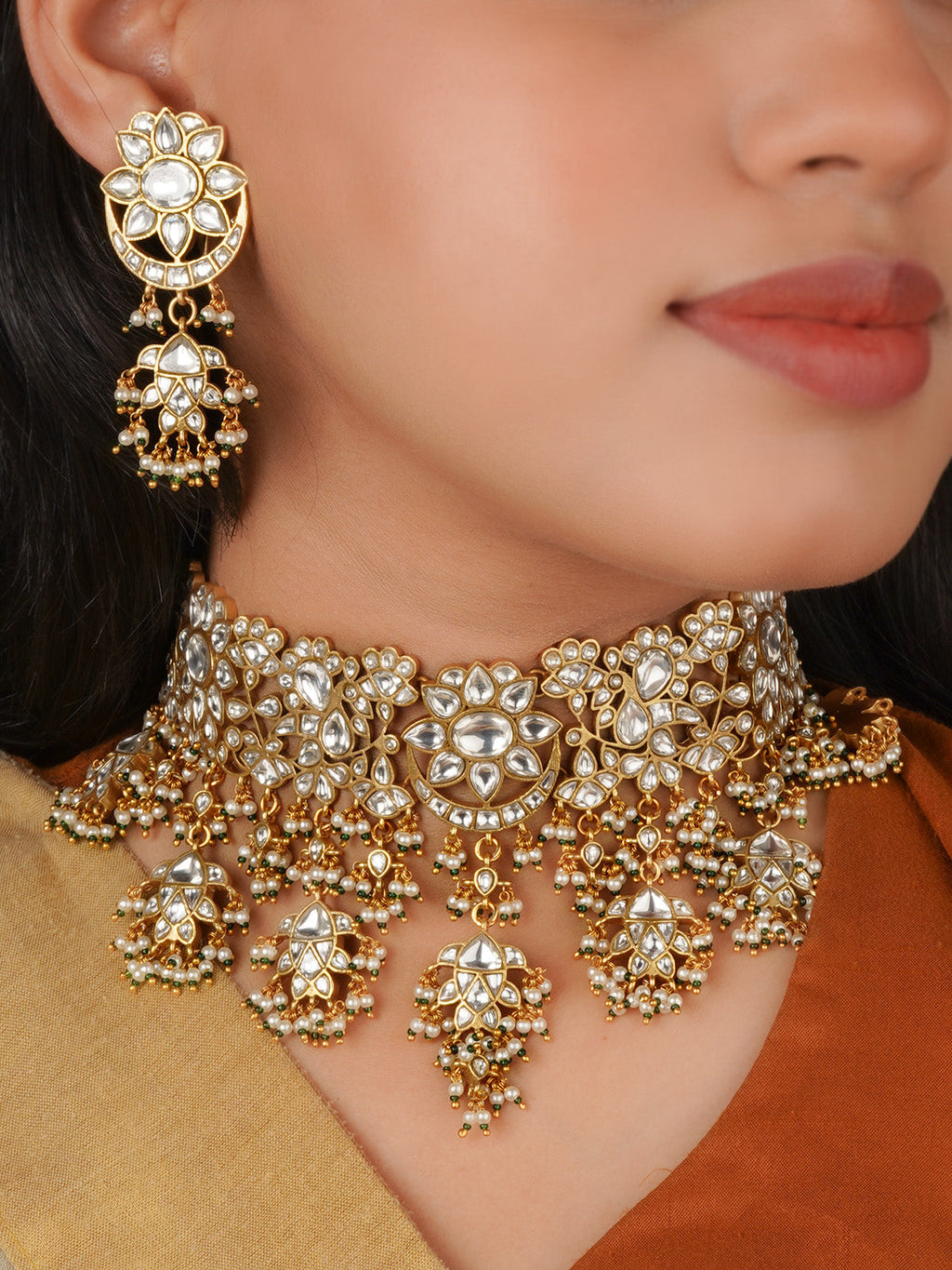 Green Color Gold Plated Jadau Kundan Necklace Set - MS2826