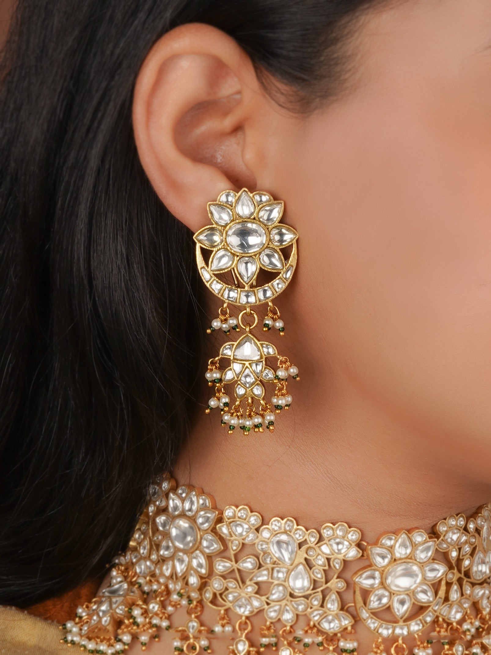 Green Color Gold Plated Jadau Kundan Necklace Set - MS2826