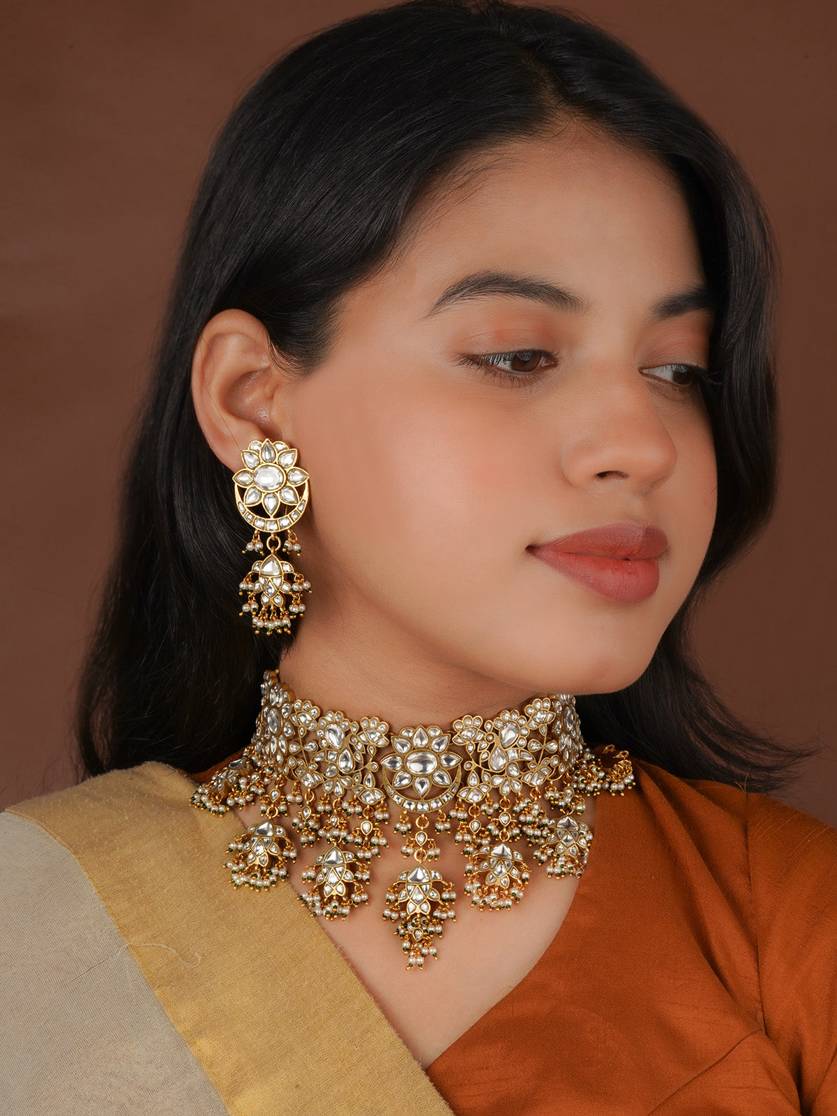 Green Color Gold Plated Jadau Kundan Necklace Set - MS2826