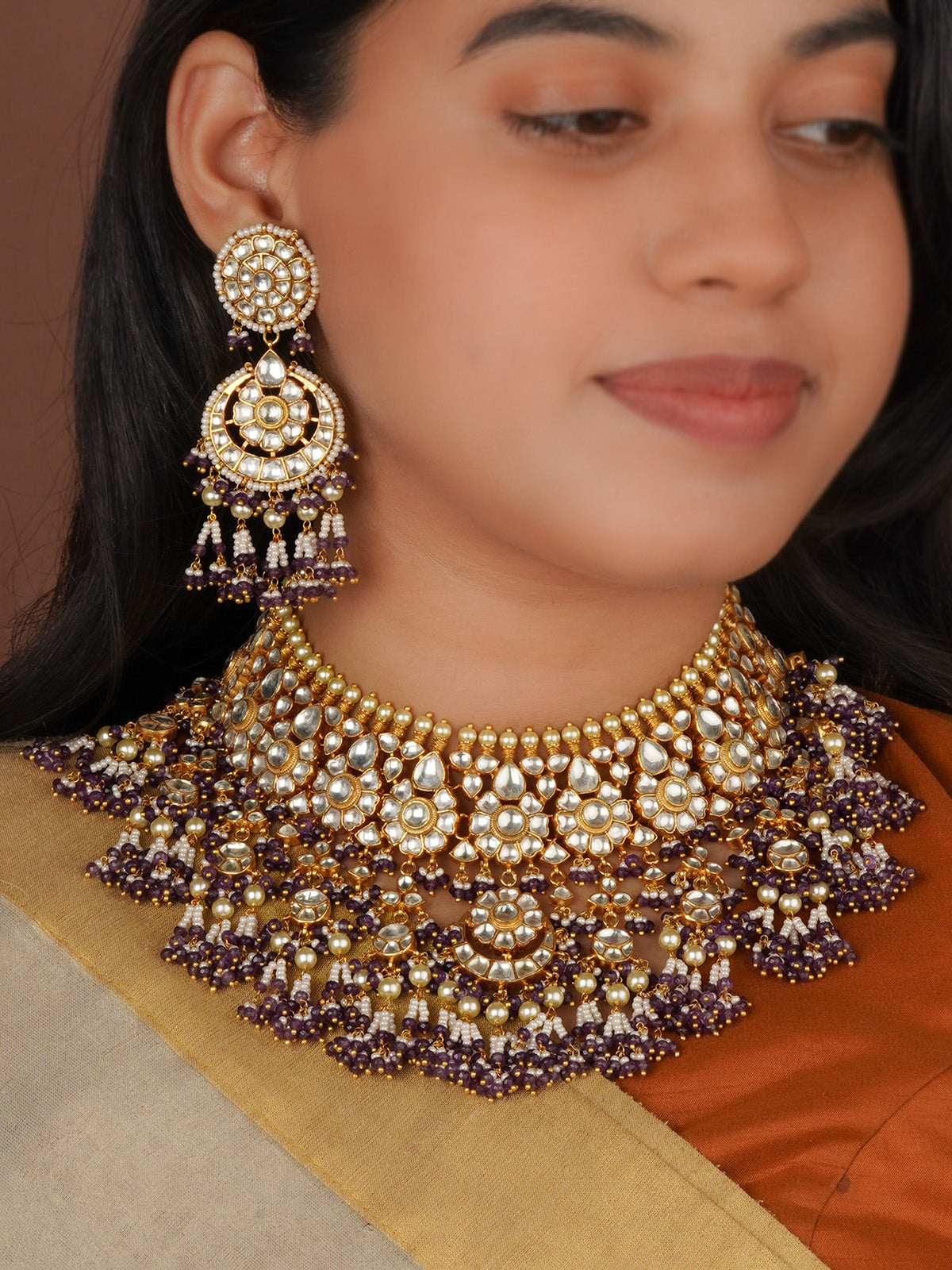 Purple Color Gold Plated Jadau Kundan Necklace Set - MS2845