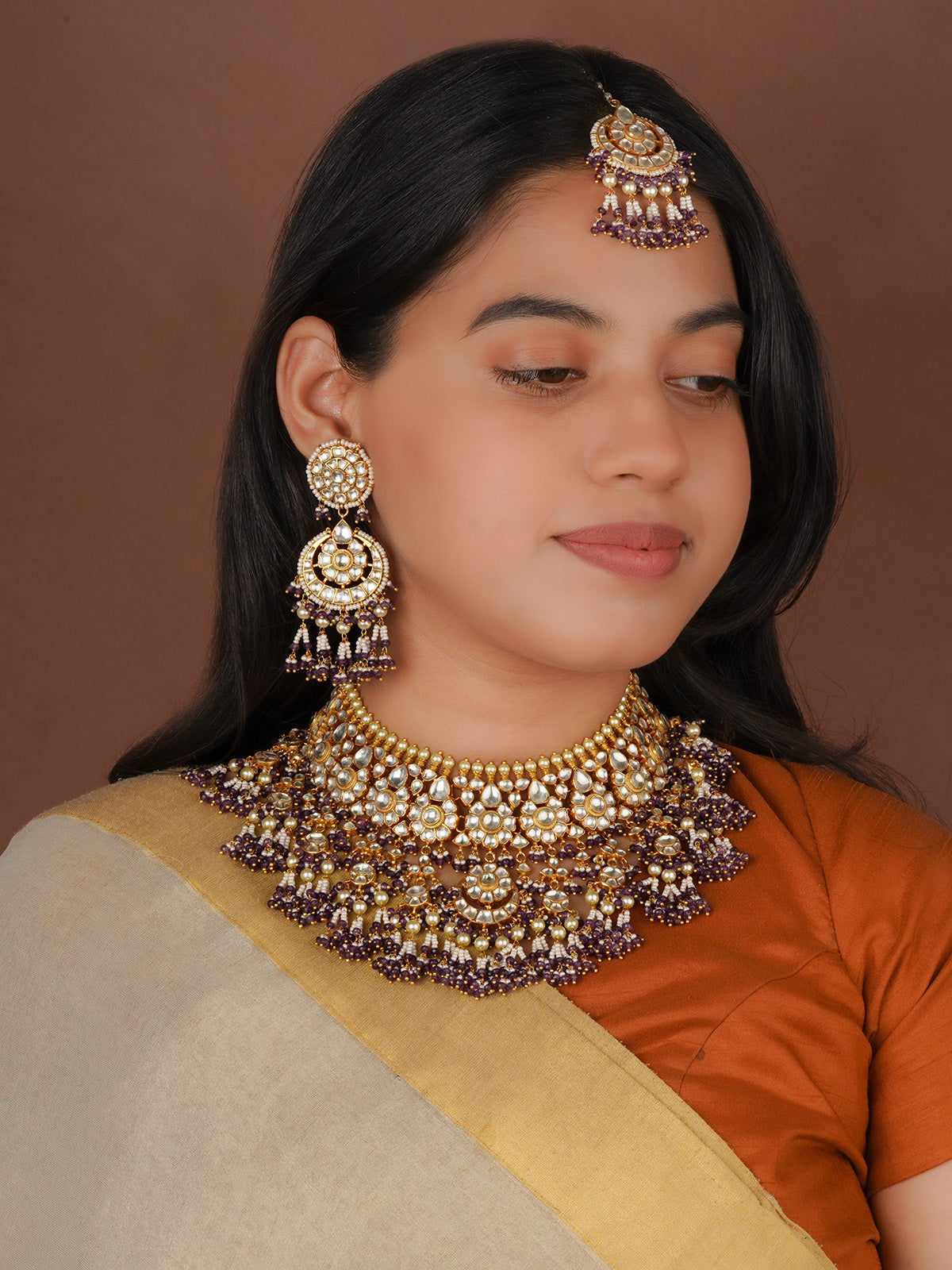 Purple Color Gold Plated Jadau Kundan Necklace Set - MS2845