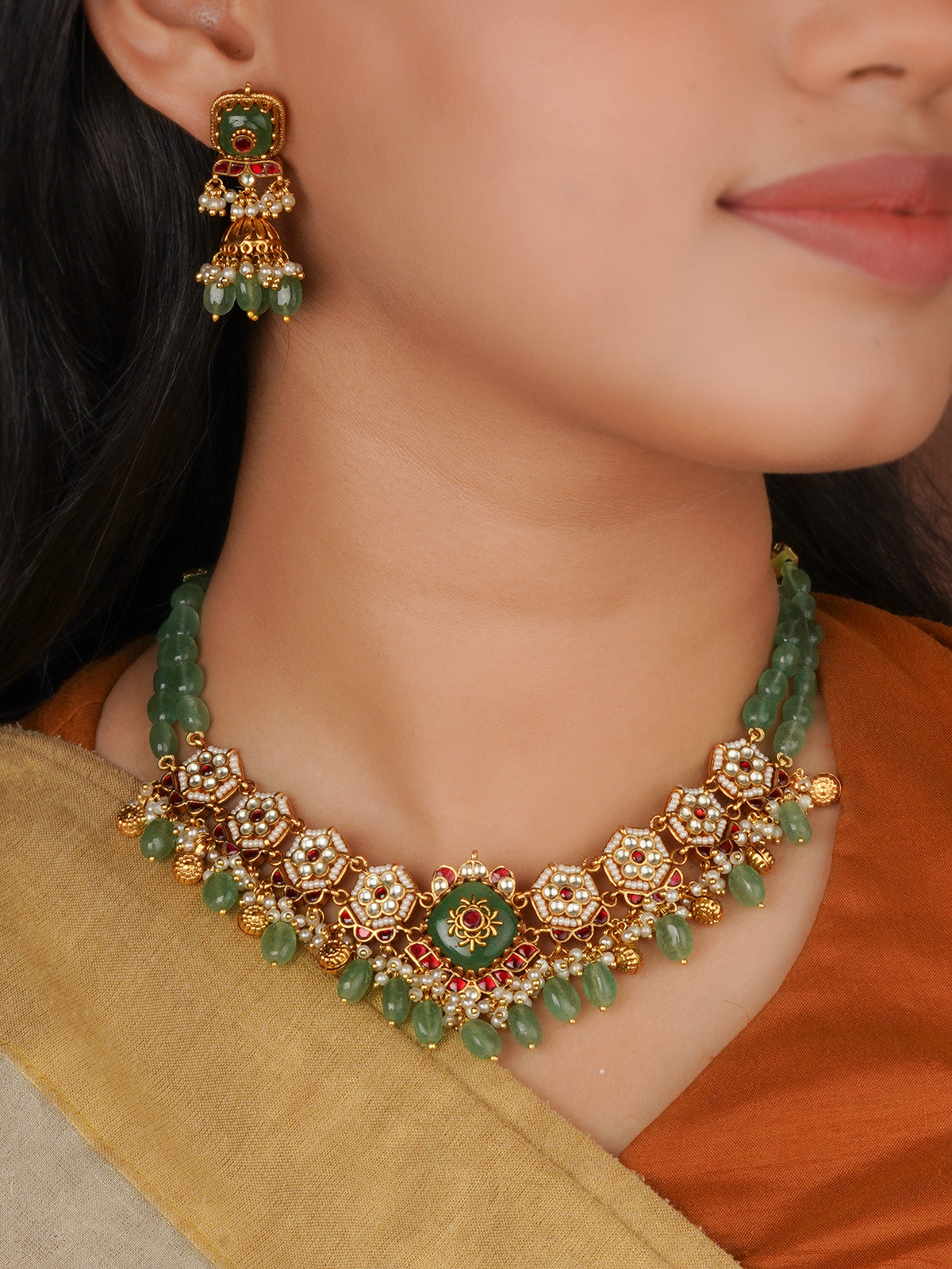 Multicolor Gold Plated Jadau Kundan Necklace Set - MS2866M