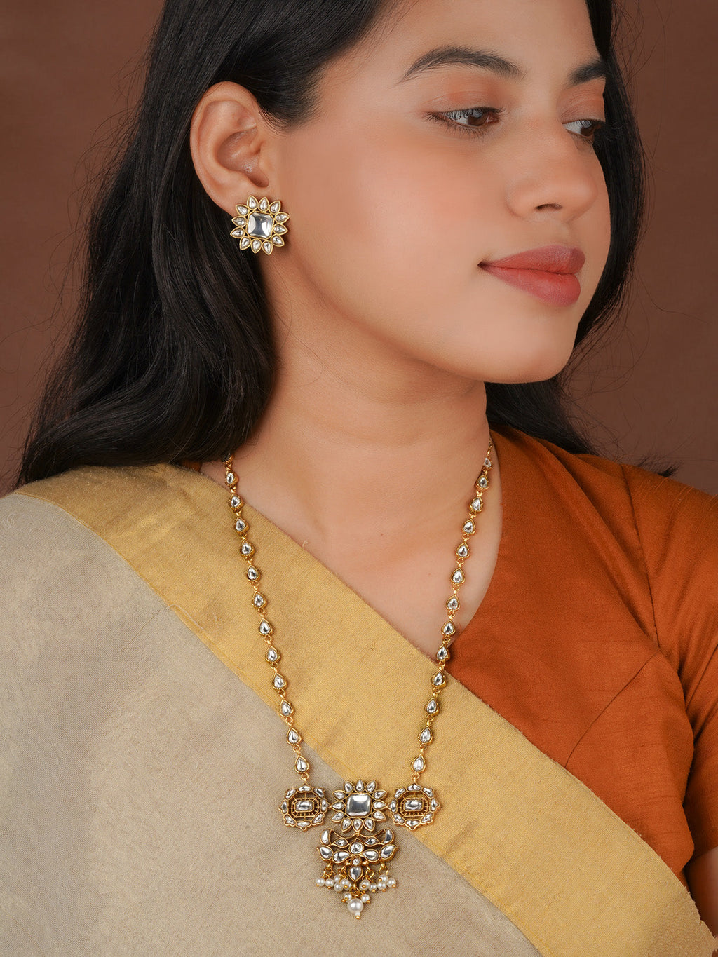Gold Plated Jadau Kundan Necklace Set - MS2873