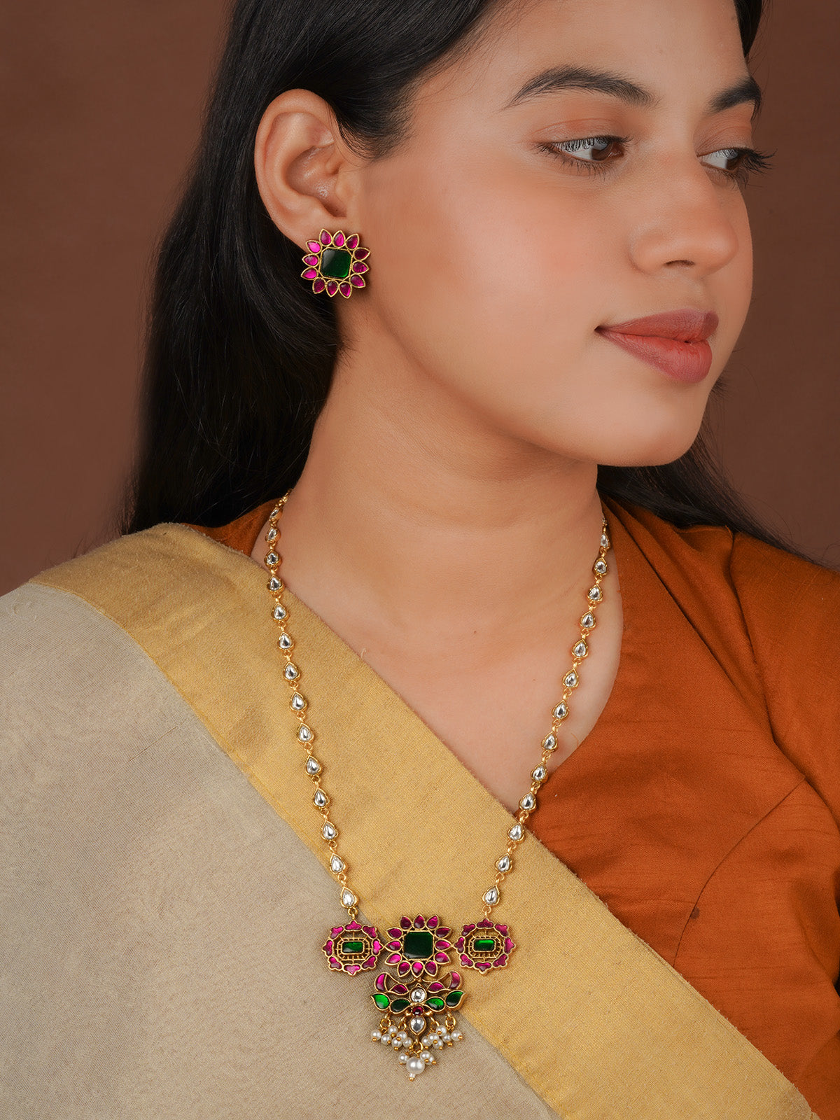 Gold Plated Jadau Kundan Necklace Set - MS2873