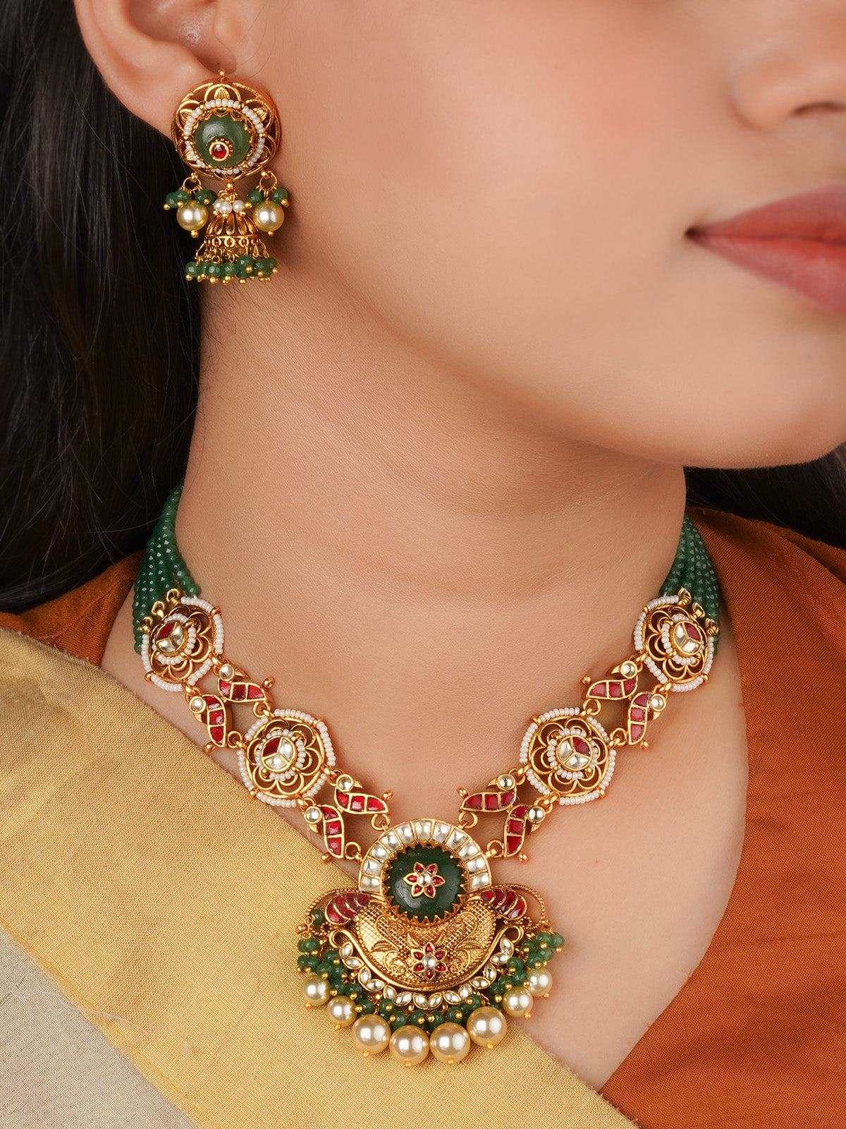 Gold Plated Jadau Kundan Necklace Set - MS2875