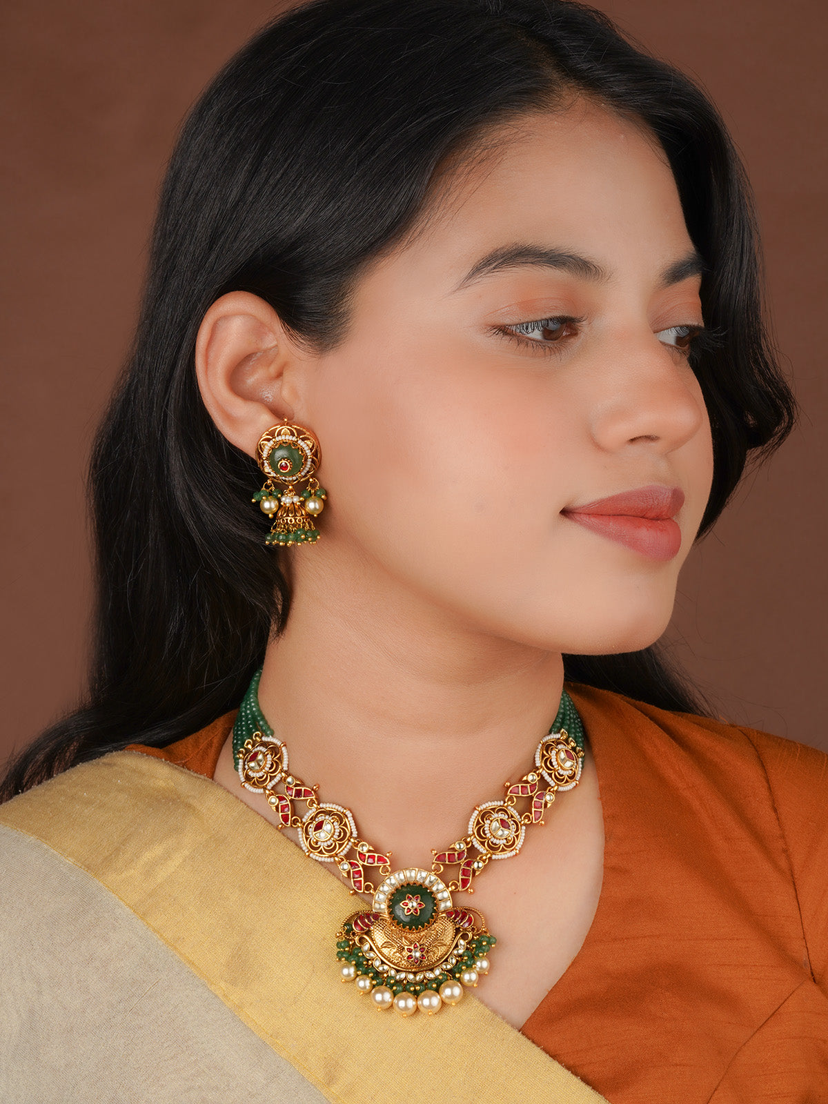 Gold Plated Jadau Kundan Necklace Set - MS2875