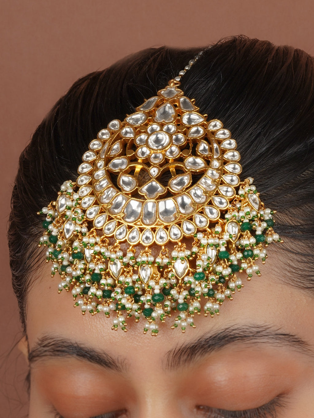 Green Color Gold Plated Jadau Kundan Maangteeka - MT533