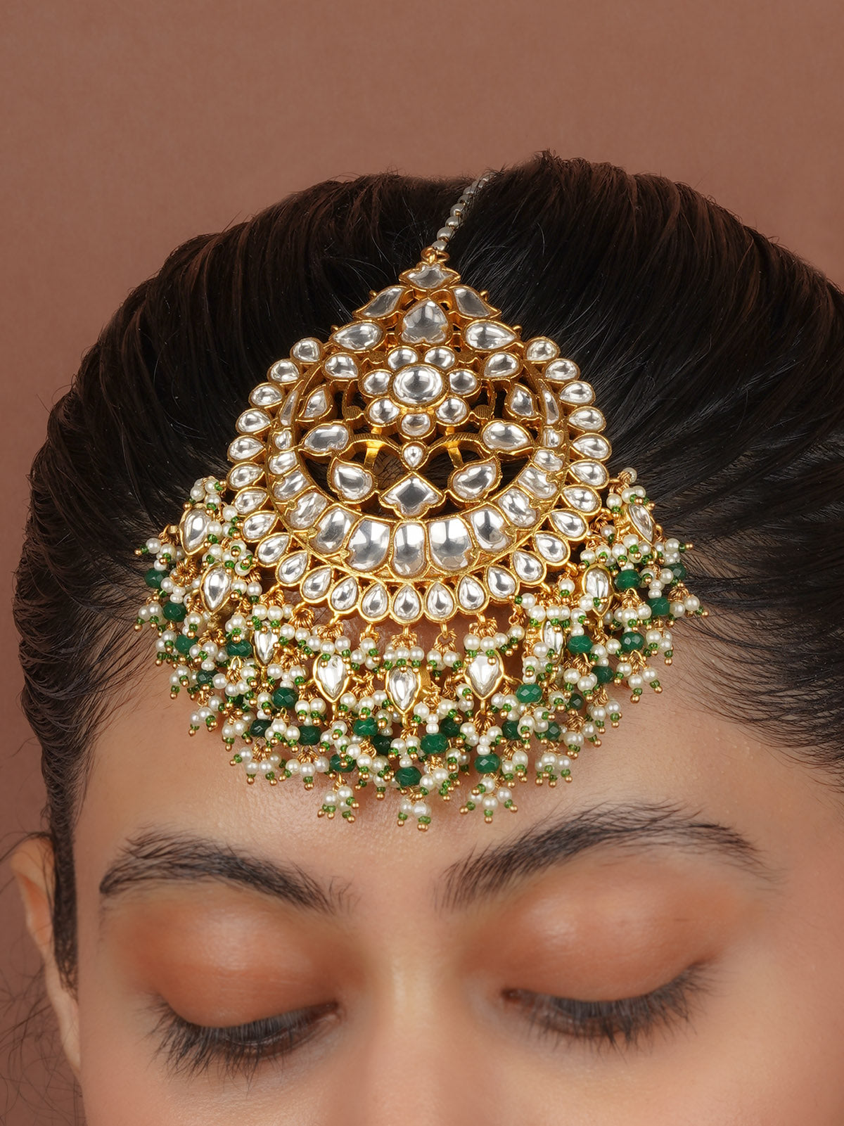Green Color Gold Plated Jadau Kundan Maangteeka - MT533