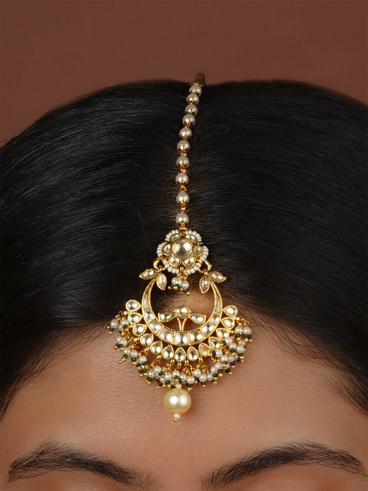 Green Color Gold Plated Jadau Kundan Maangteeka - MT537Y