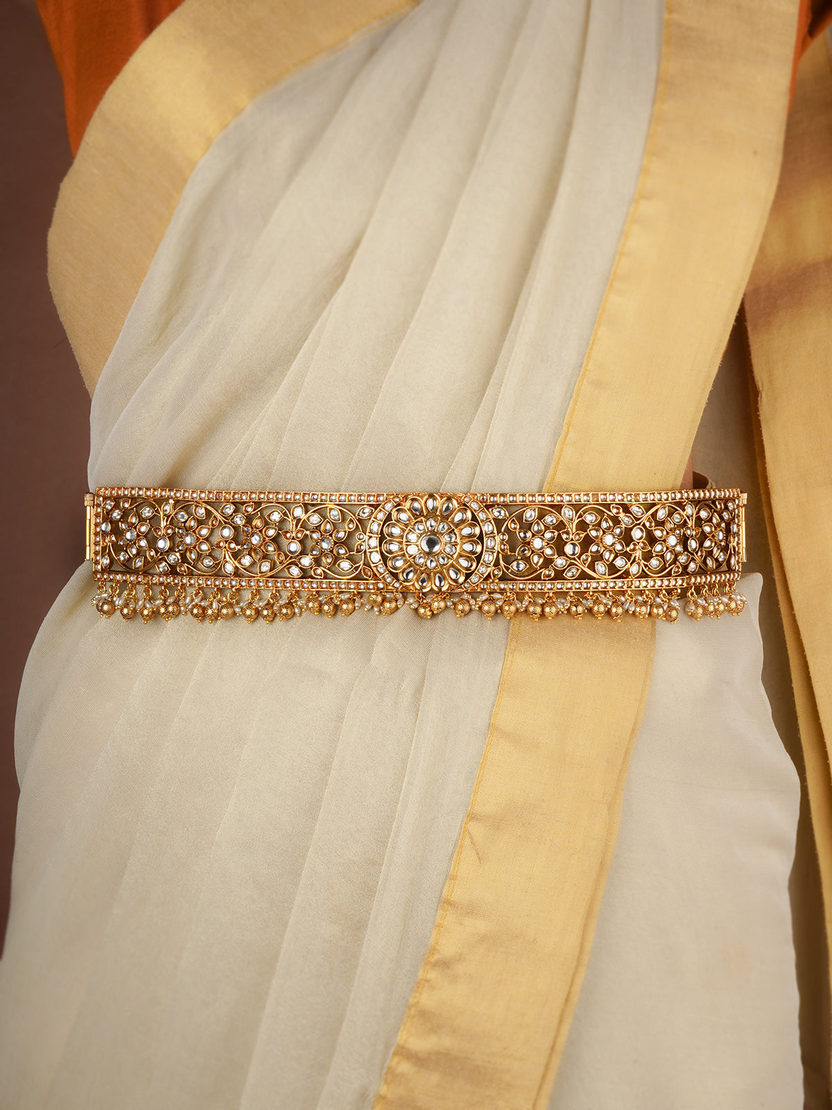 White Color Gold Plated Jadau Kundan Waist Belt / Kamarbandh - MWB18Y
