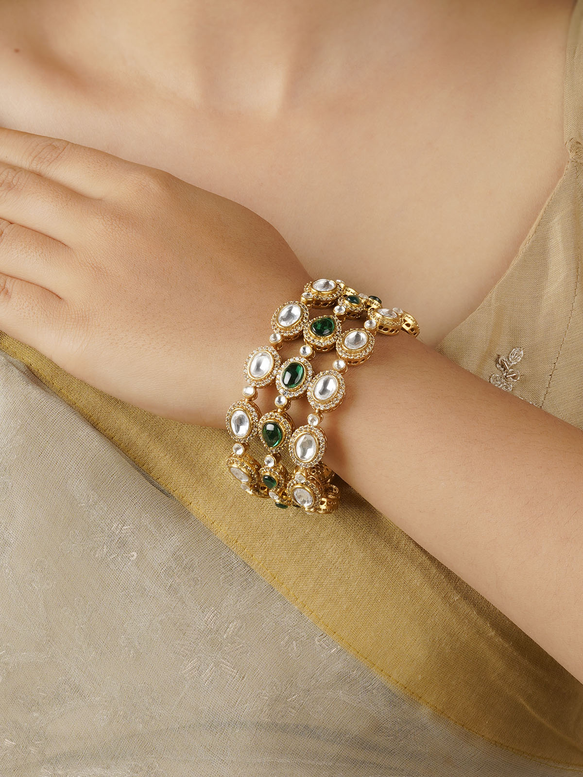 Green Color Gold Plated Faux Polki Bracelet (1 Piece) - PK-BRAC1WGR