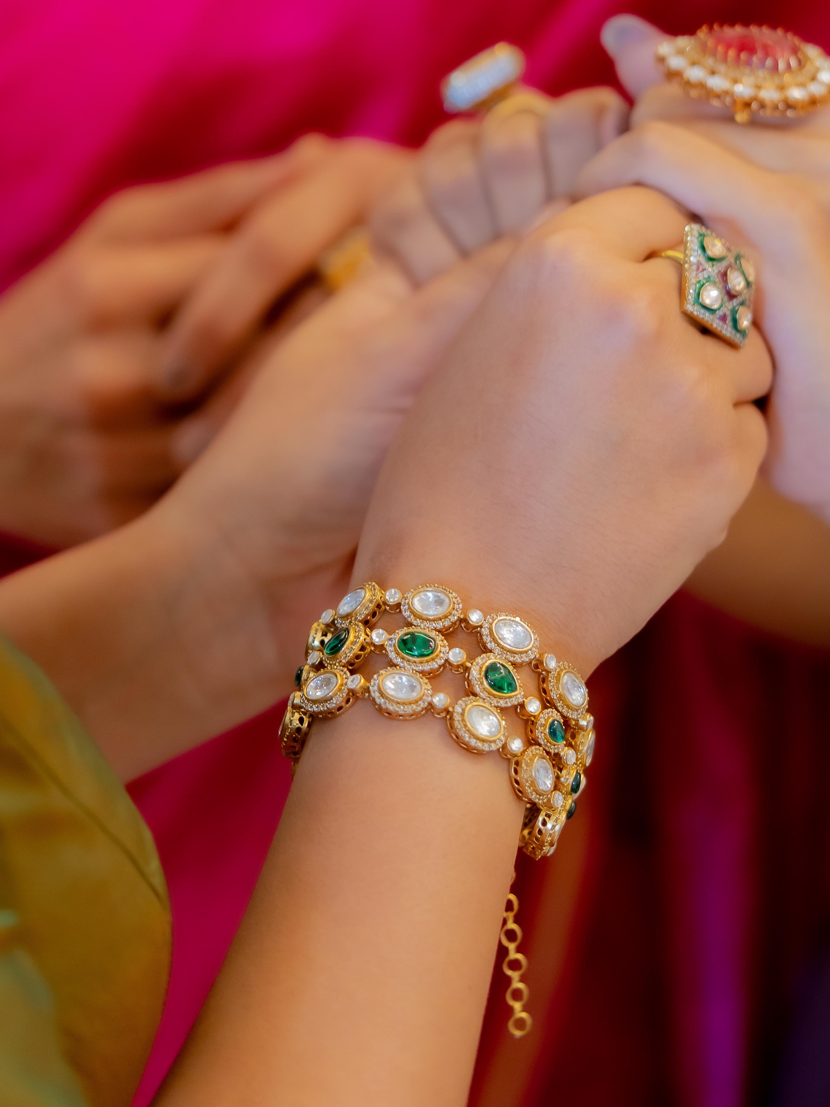 Green Color Gold Plated Faux Polki Bracelet (1 Piece) - PK-BRAC1WGR