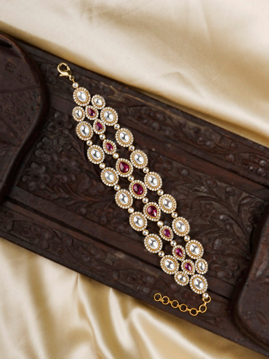 Pink Color Gold Plated Faux Polki Bracelet (1 Piece) - PK-BRAC1WP