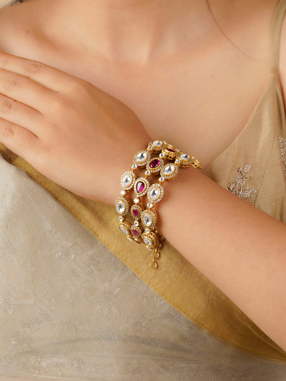 Pink Color Gold Plated Faux Polki Bracelet (1 Piece) - PK-BRAC1WP
