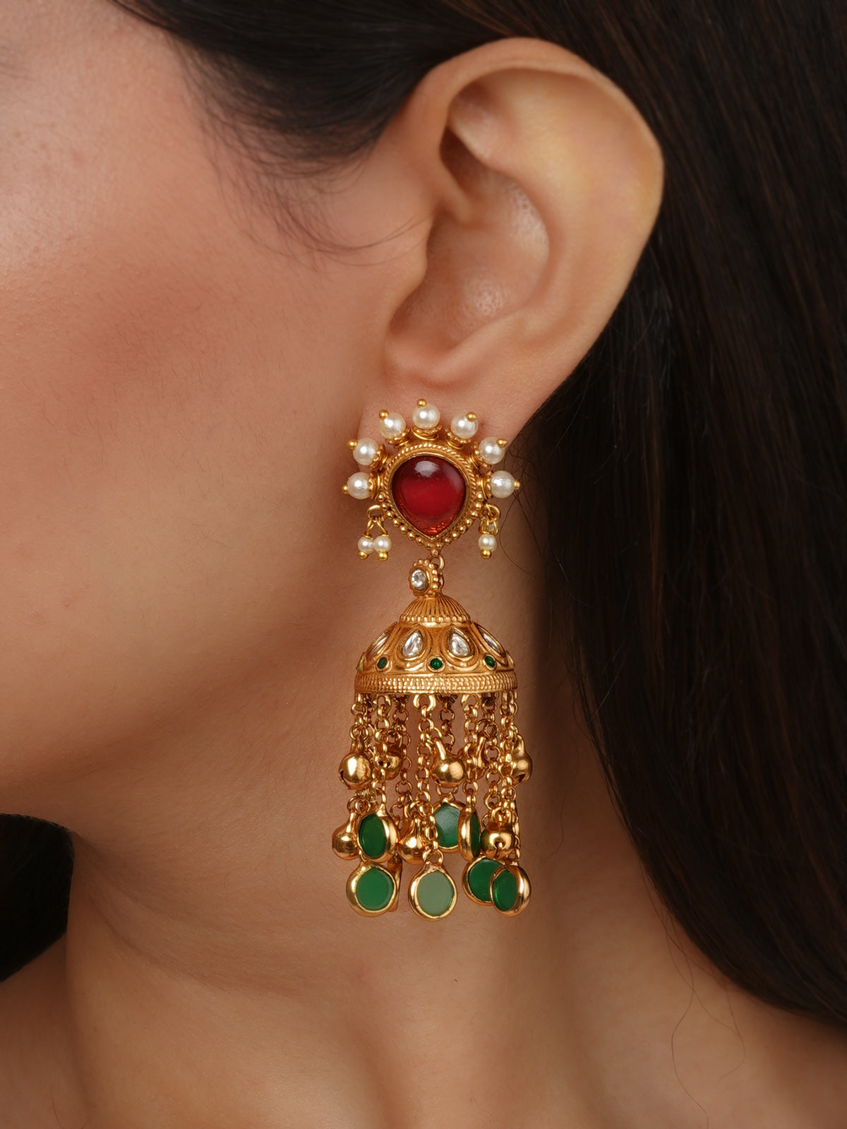 Red Color Gold Plated Faux Polki Earrings - PK-E135R