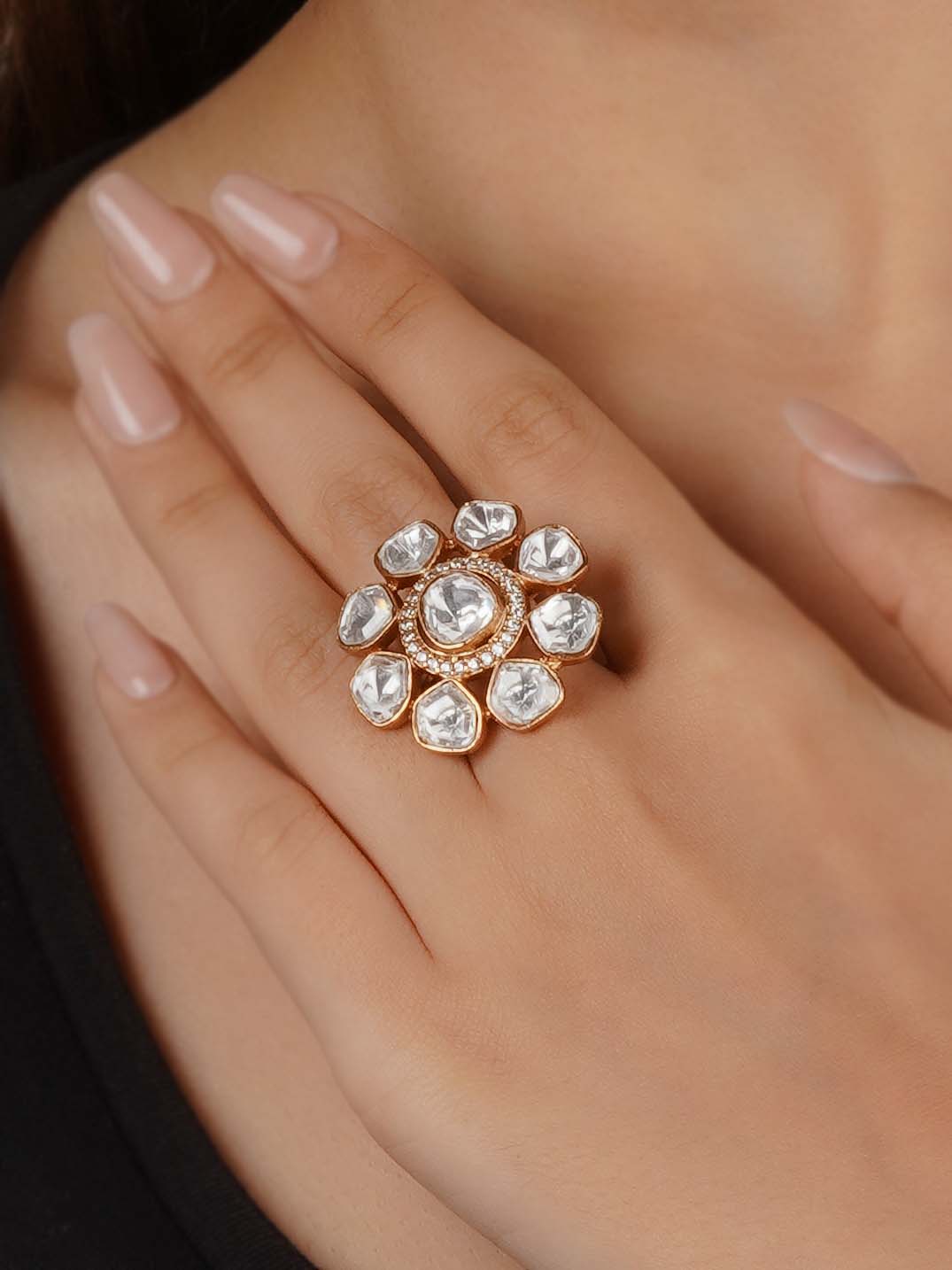 White Color Gold Plated Faux Polki Ring - PK-R23