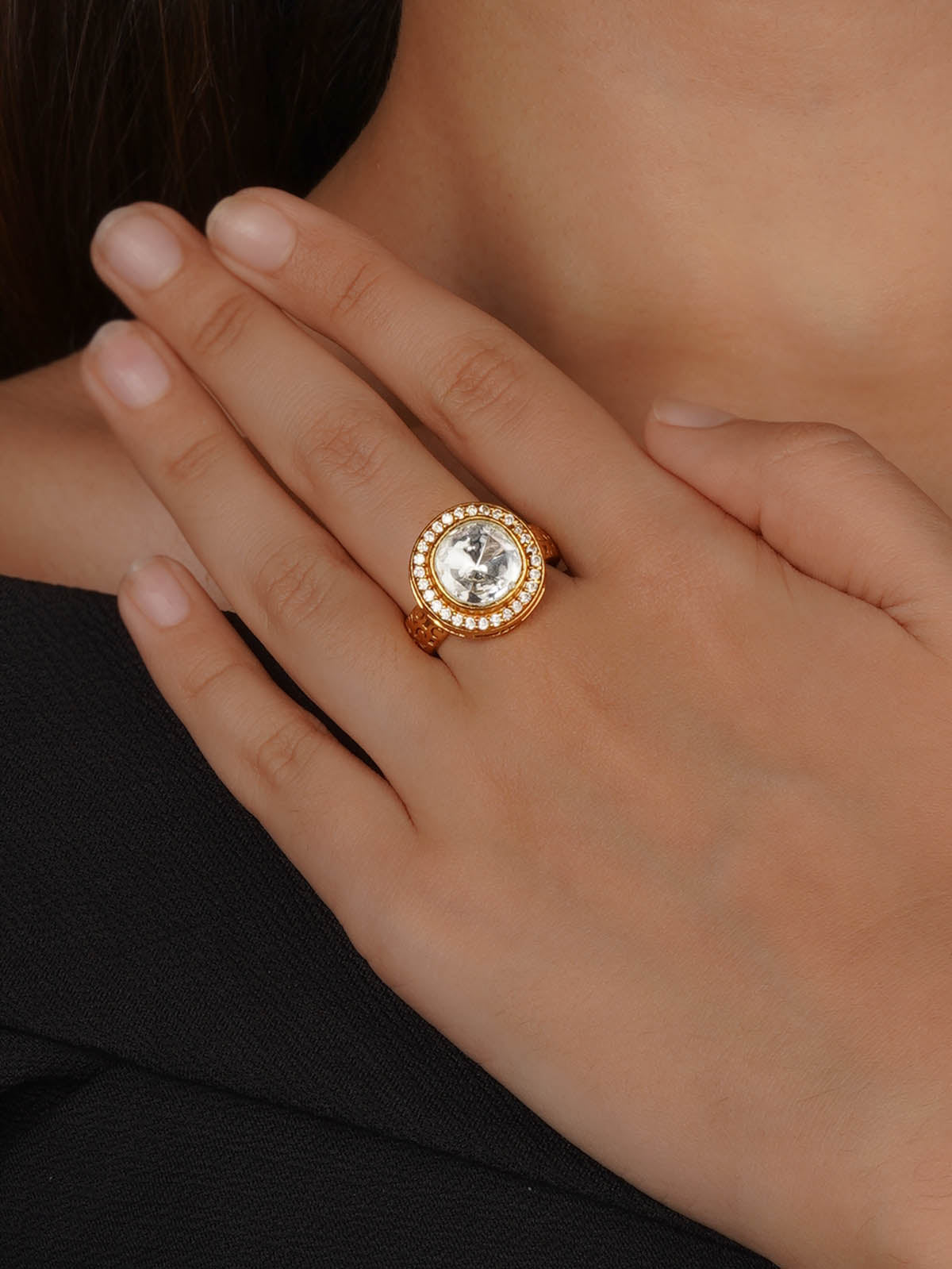 White Color Gold Plated Faux Polki Ring - PK-R49