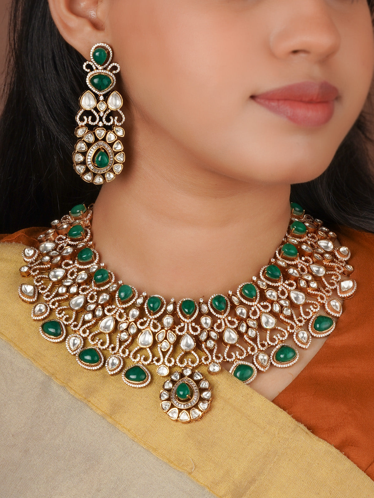 Green Color Gold Plated Faux Polki Bridal Necklace Set - PK-S157GR