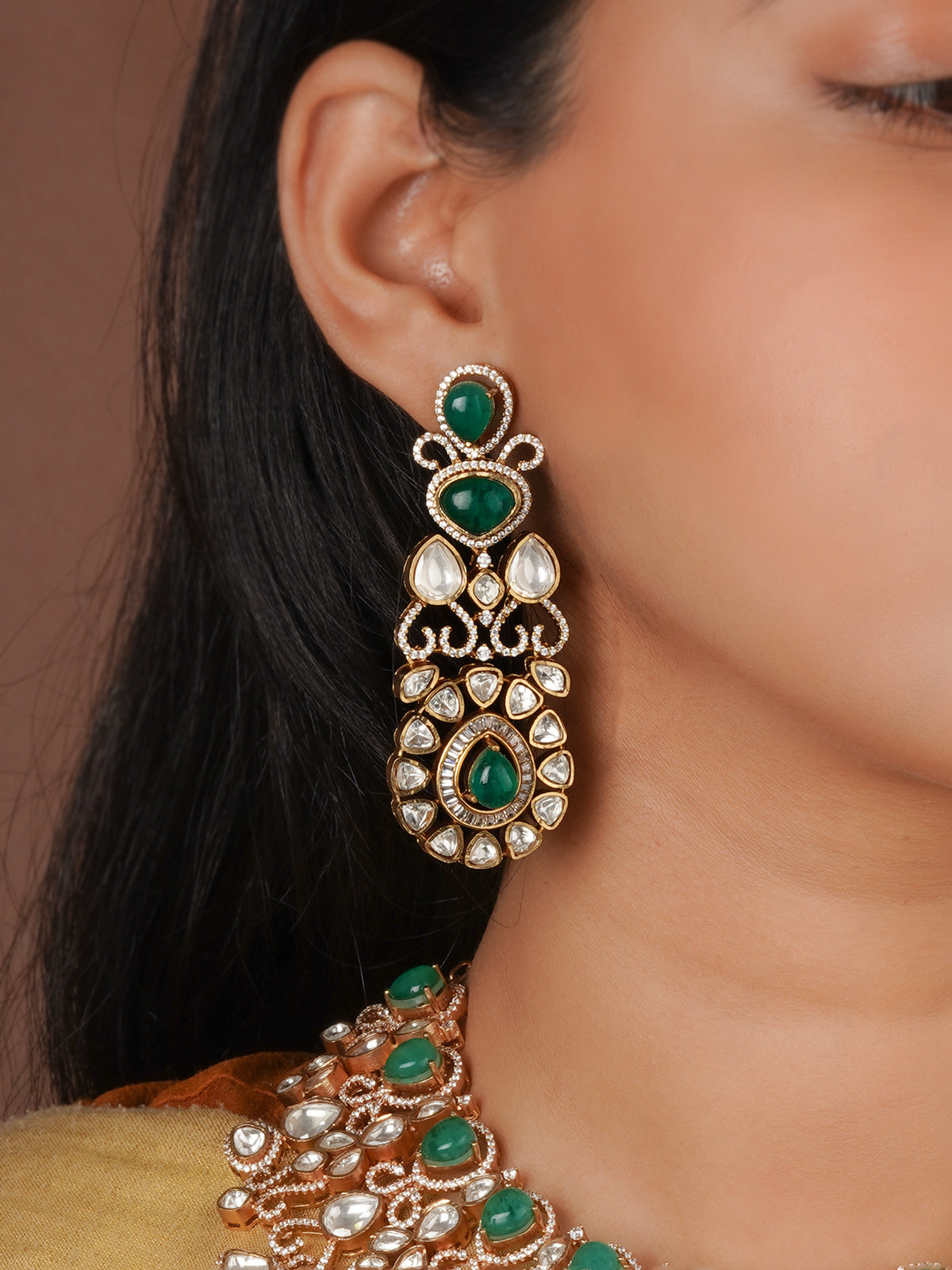 Green Color Gold Plated Faux Polki Bridal Necklace Set - PK-S157GR