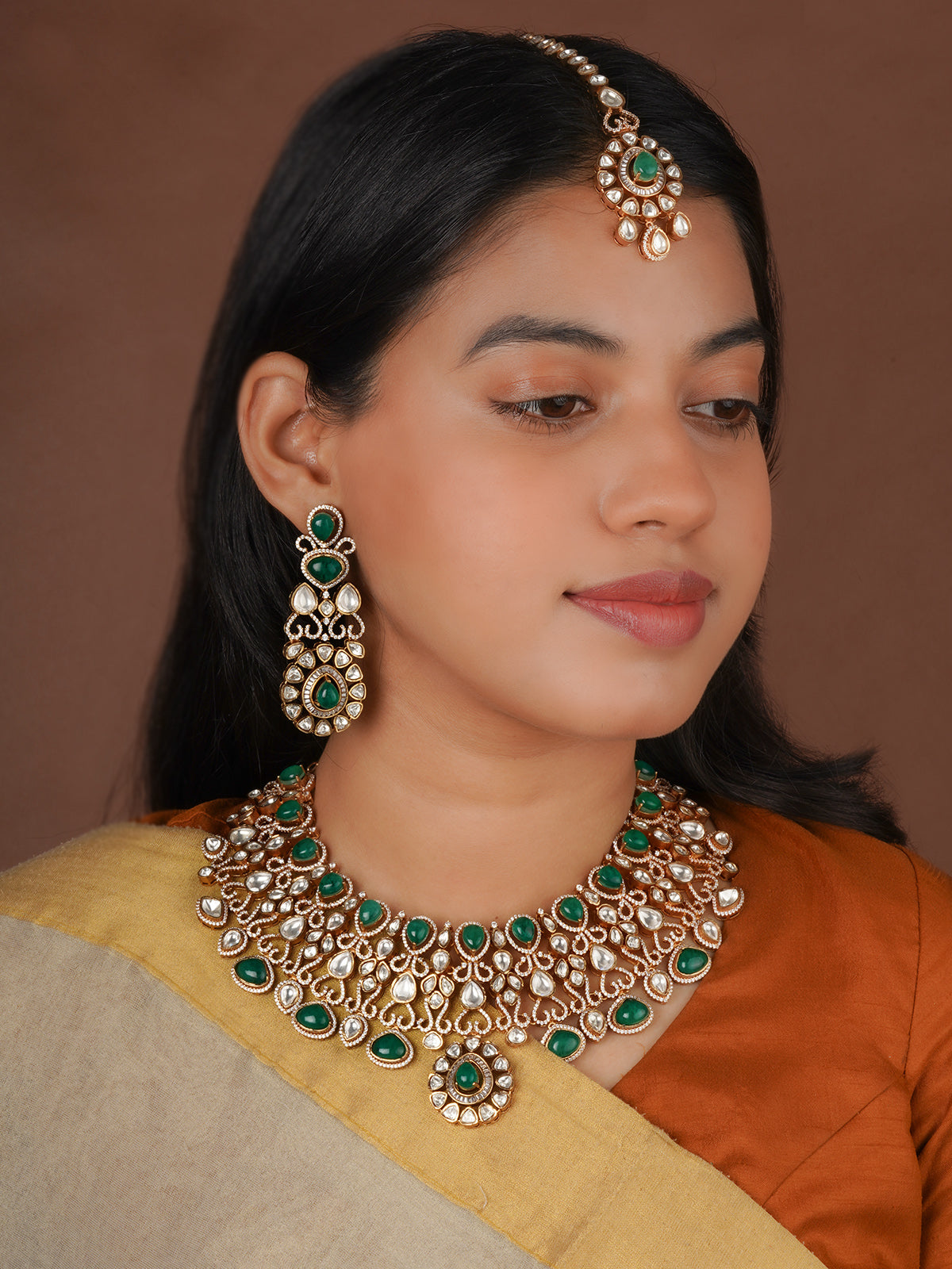 Green Color Gold Plated Faux Polki Bridal Necklace Set - PK-S157GR