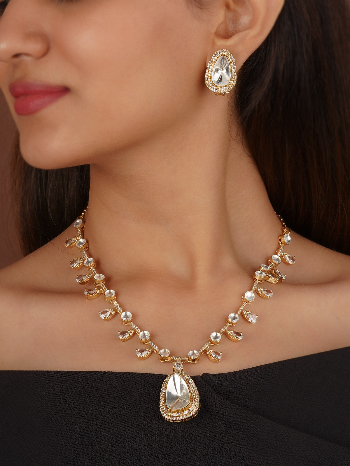 White Color Gold Plated Faux Polki Necklace Set - PK-S298