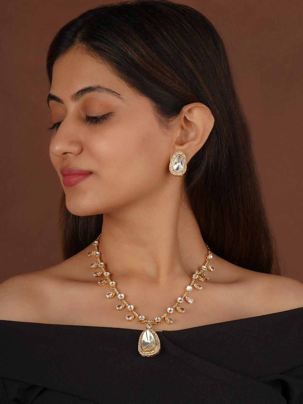 White Color Gold Plated Faux Polki Necklace Set - PK-S298