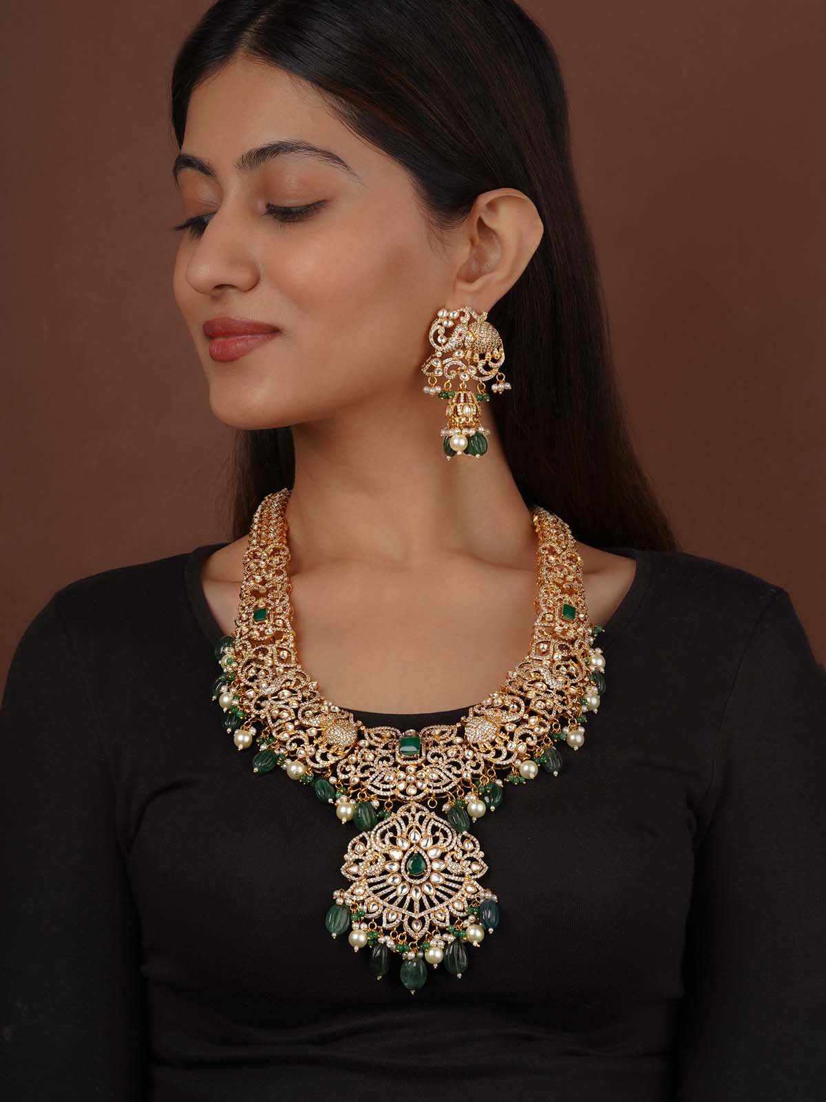 Green Color Gold Plated Faux Polki Necklace Set - PK-S306GR