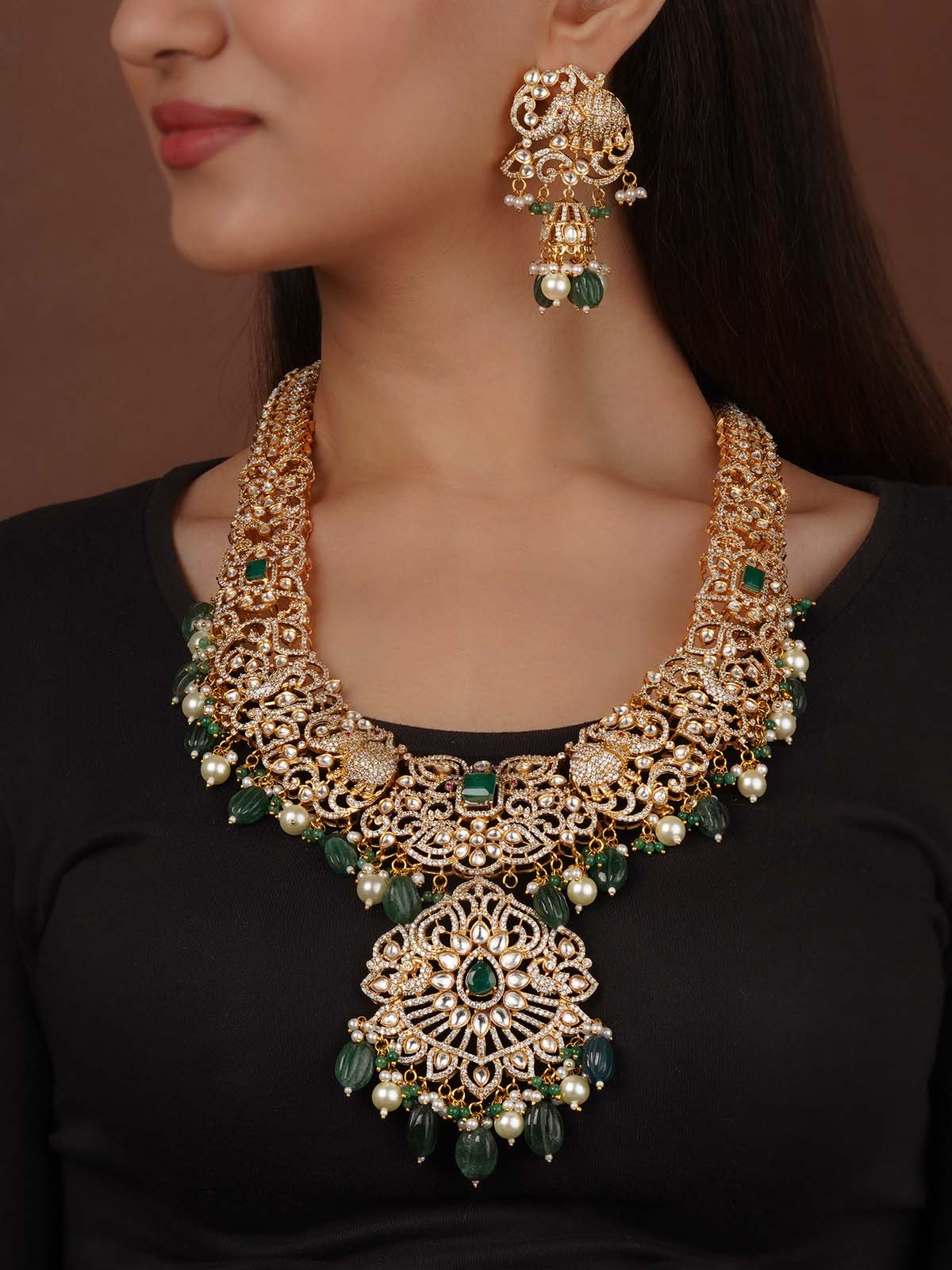 Green Color Gold Plated Faux Polki Necklace Set - PK-S306GR