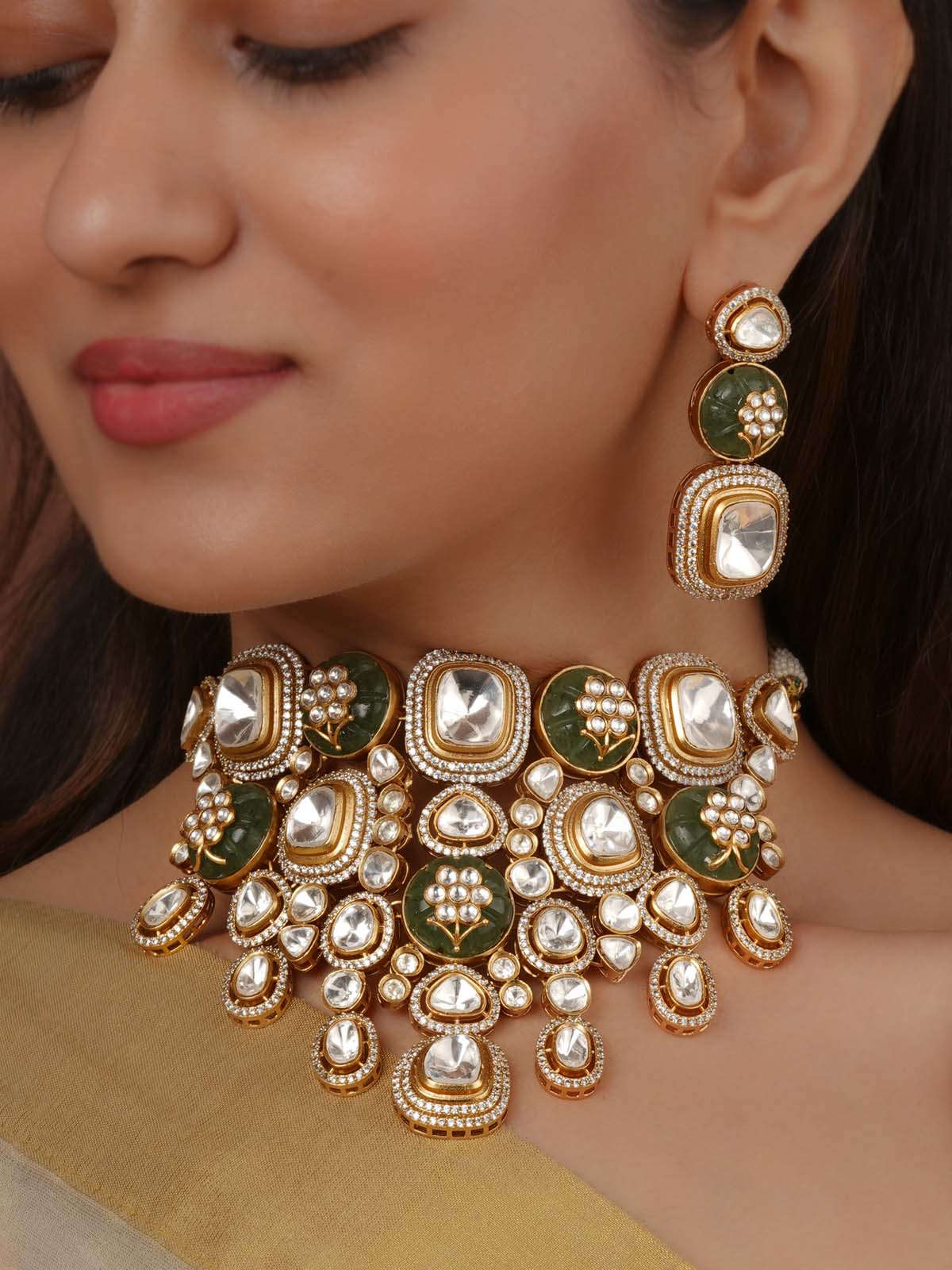 Green Color Gold Plated Faux Polki Bridal Necklace Set - PK-S323WGR