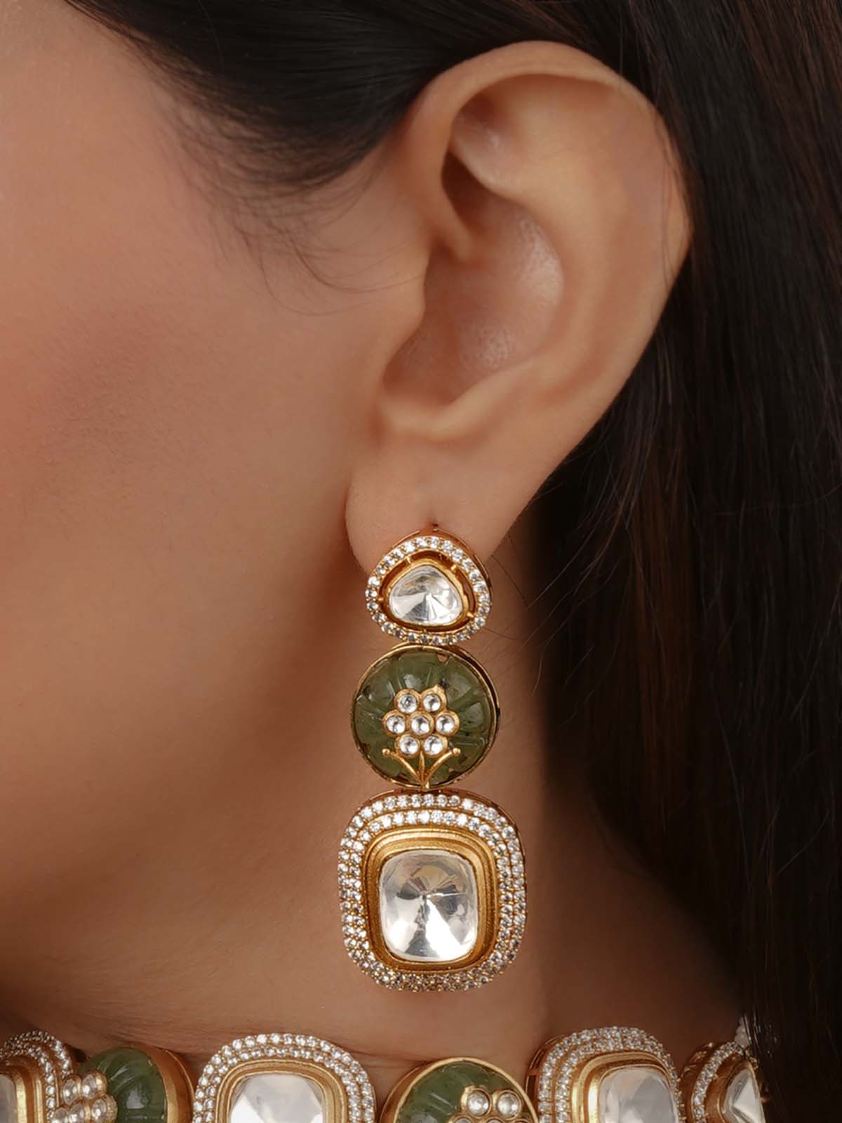 Green Color Gold Plated Faux Polki Bridal Necklace Set - PK-S323WGR