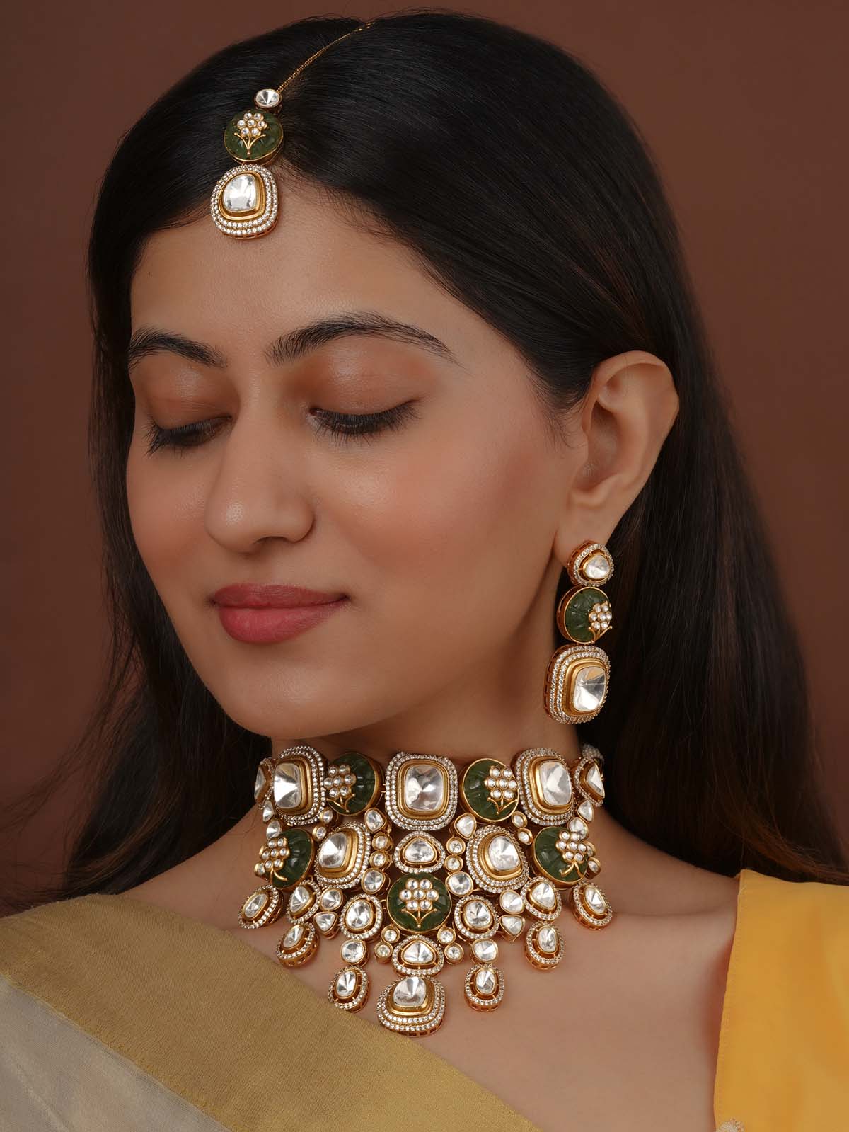 Green Color Gold Plated Faux Polki Bridal Necklace Set - PK-S323WGR