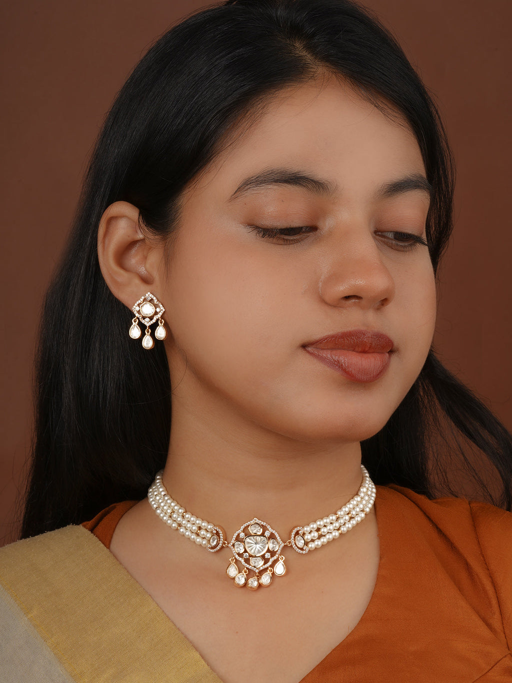 Gold Plated Faux Polki Necklace Set - PK-S400