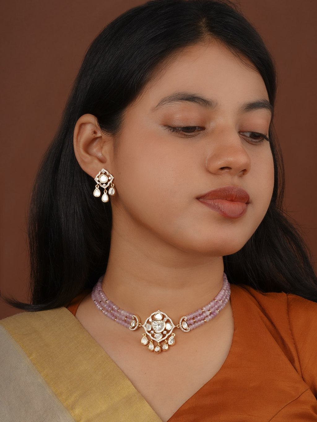 Gold Plated Faux Polki Necklace Set - PK-S400