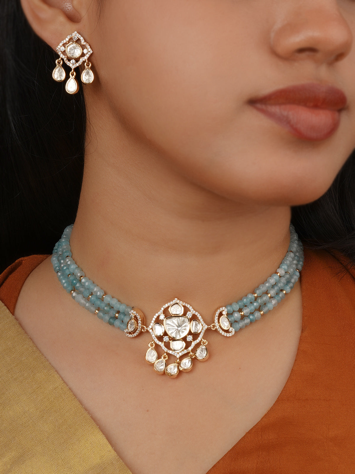 Gold Plated Faux Polki Necklace Set - PK-S400