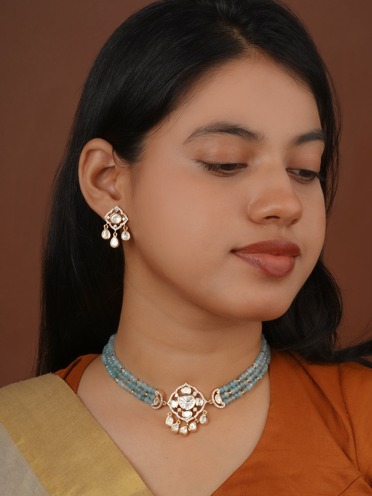 Gold Plated Faux Polki Necklace Set - PK-S400