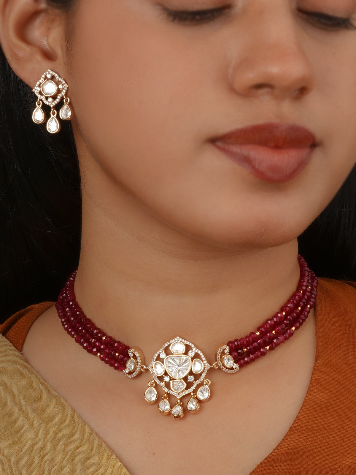 Gold Plated Faux Polki Necklace Set - PK-S400