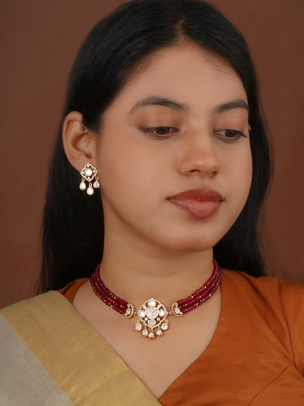 Gold Plated Faux Polki Necklace Set - PK-S400