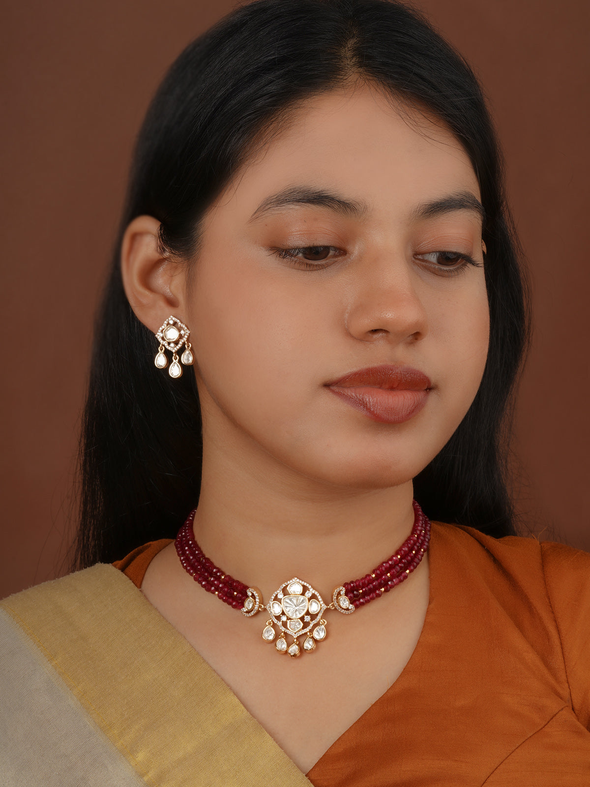 Gold Plated Faux Polki Necklace Set - PK-S400