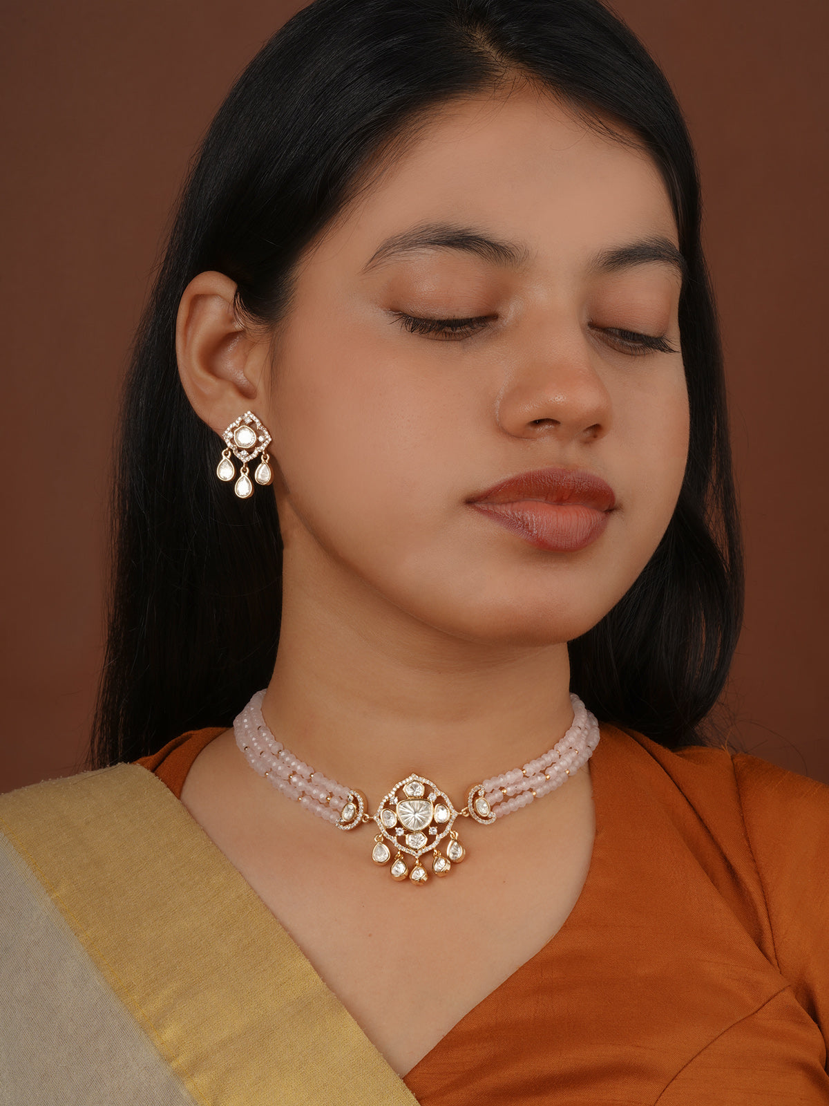 Gold Plated Faux Polki Necklace Set - PK-S400