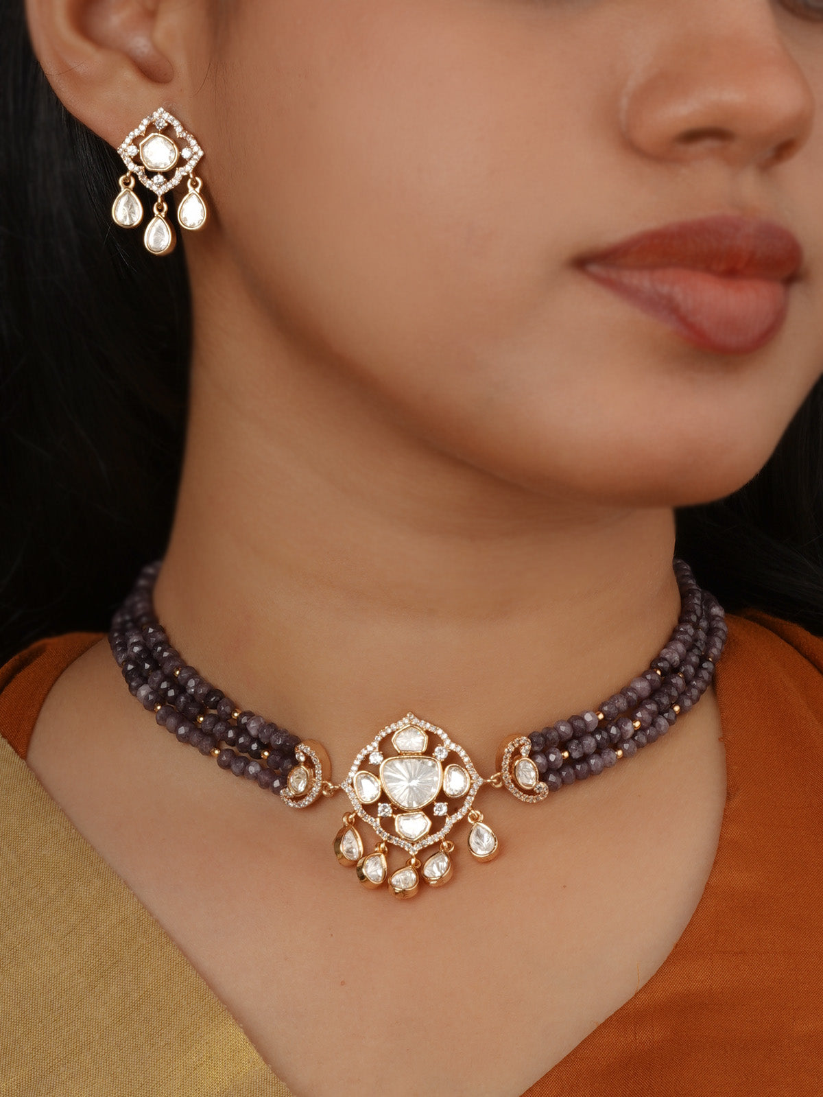 Gold Plated Faux Polki Necklace Set - PK-S400