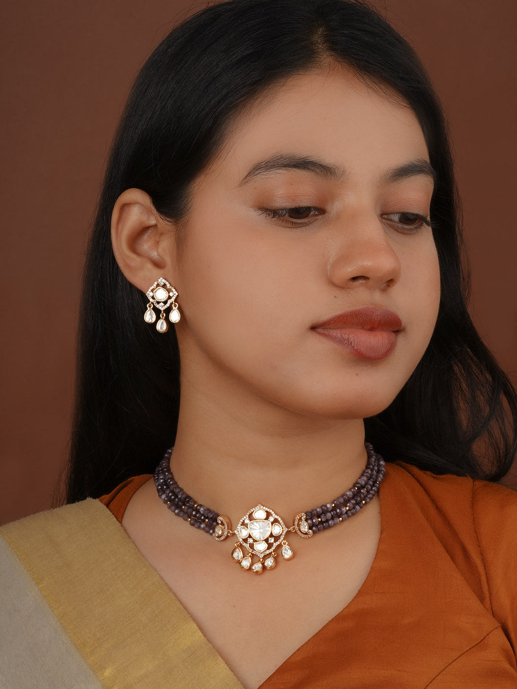 Gold Plated Faux Polki Necklace Set - PK-S400