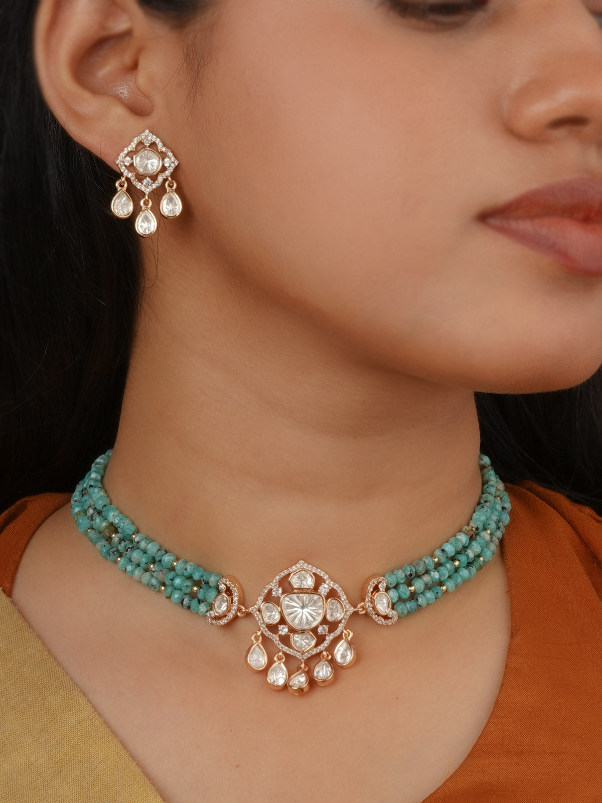 Gold Plated Faux Polki Necklace Set - PK-S400