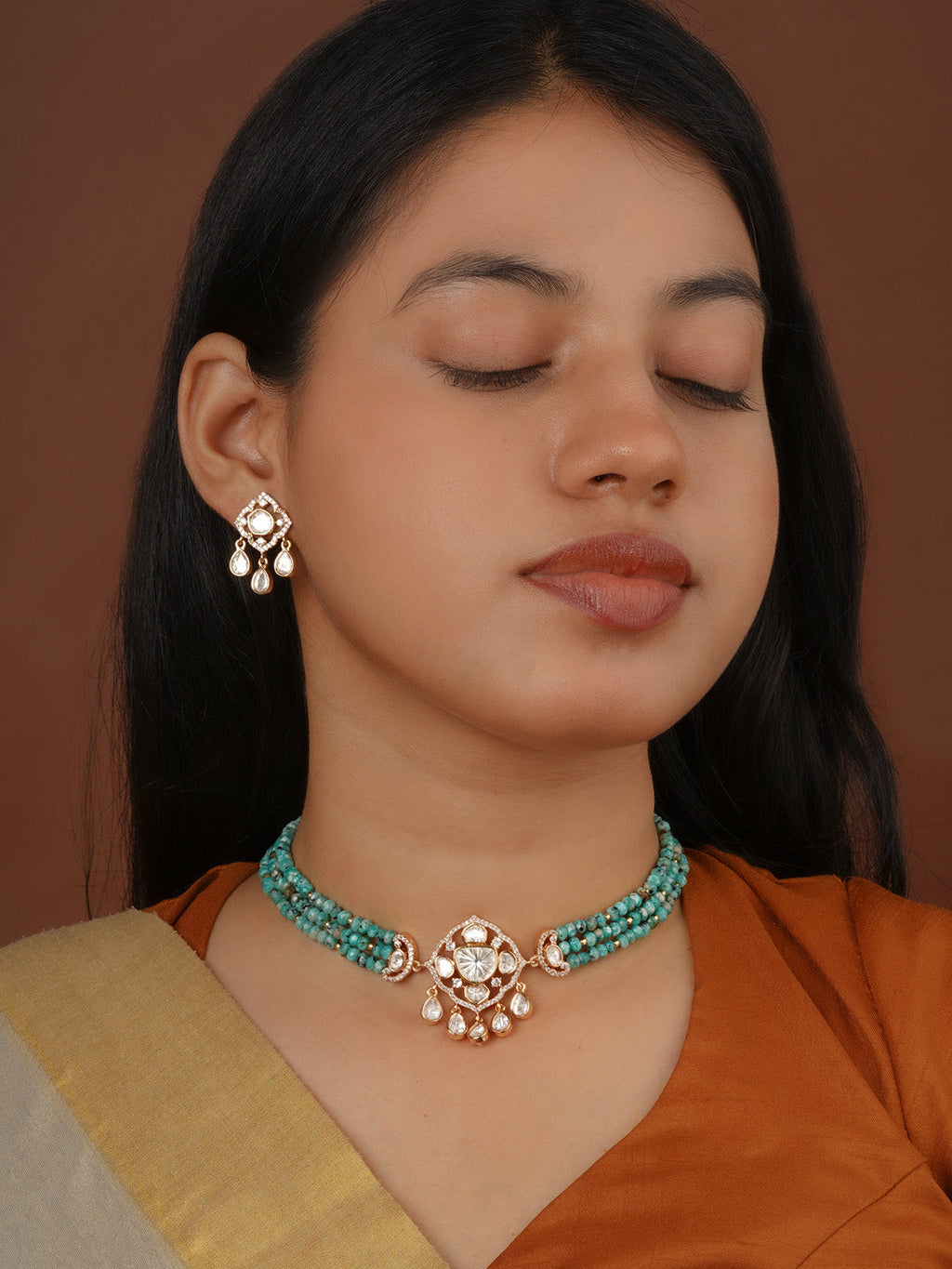 Gold Plated Faux Polki Necklace Set - PK-S400